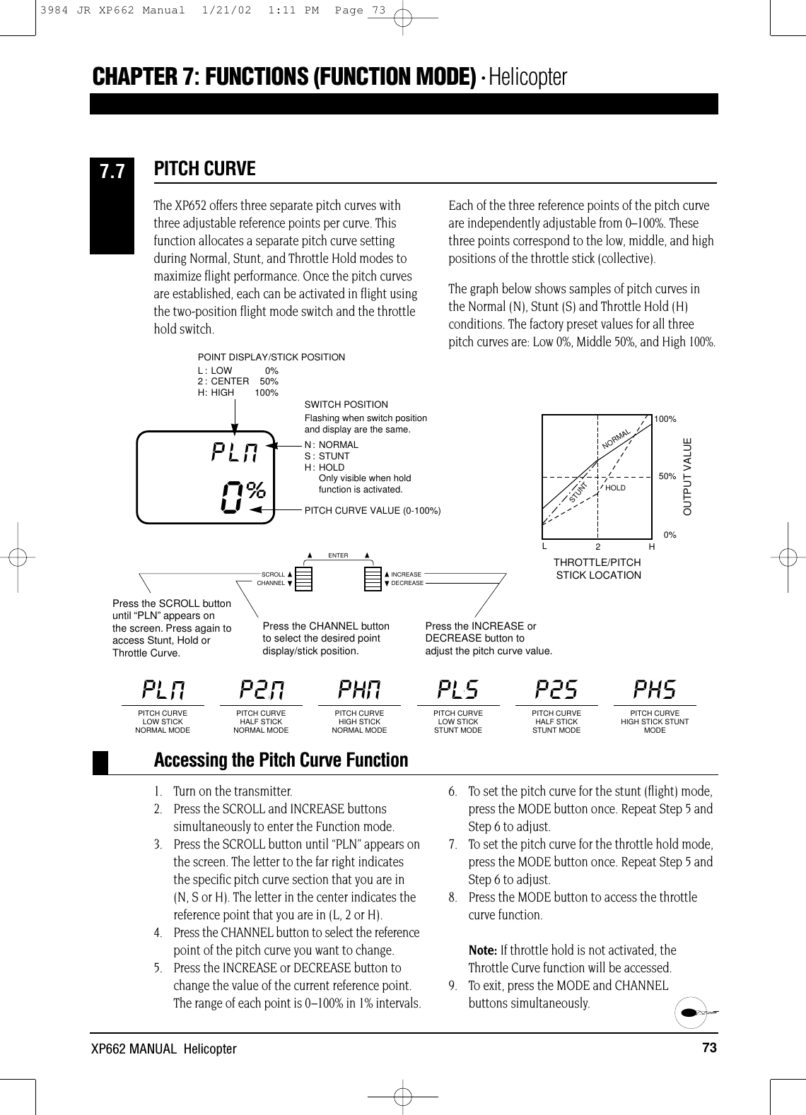 Press the SCROLL buttonuntil “PLN”appears onthe screen. Press again toaccess Stunt, Hold orThrottle Curve.Press the CHANNEL buttonto select the desired pointdisplay/stick position.Press the INCREASE orDECREASE button toadjust the pitch curve value.73XP662 MANUAL  HelicopterCHAPTER 7:FUNCTIONS (FUNCTION MODE) • HelicopterAccessing the Pitch Curve FunctionPLNPITCH CURVELOW STICKNORMAL MODEP2NPITCH CURVEHALF STICKNORMAL MODEPHNPITCH CURVEHIGH STICKNORMAL MODEPLSPITCH CURVELOW STICKSTUNT MODEP2SPITCH CURVEHALF STICKSTUNT MODEPHSPITCH CURVEHIGH STICK STUNTMODE100%50%0%L2THROTTLE/PITCHSTICK LOCATIONNORMALSTUNTHOLDOUTPUT VALUEHPITCH CURVE VALUE (0-100%)PLN0%SWITCH POSITIONFlashing when switch position and display are the same.N: NORMALS : STUNTH: HOLD Only visible when hold function is activated.POINT DISPLAY/STICK POSITIONL : LOW  0%2 : CENTER 50%H: HIGH 100%The XP652 offers three separate pitch curves with three adjustable reference points per curve. Thisfunction allocates a separate pitch curve settingduring Normal, Stunt, and Throttle Hold modes tomaximize flight performance. Once the pitch curvesare established, each can be activated in flight using the two-position flight mode switch and the throttlehold switch.Each of the three reference points of the pitch curve are independently adjustable from 0–100%. These three points correspond to the low, middle, and highpositions of the throttle stick (collective).The graph below shows samples of pitch curves inthe Normal (N), Stunt (S) and Throttle Hold (H)conditions. The factory preset values for all threepitch curves are: Low 0%, Middle 50%, and High 100%.1. Turn on the transmitter.2. Press the SCROLL and INCREASE buttonssimultaneously to enter the Function mode.3. Press the SCROLL button until “PLN” appears onthe screen. The letter to the far right indicatesthe specific pitch curve section that you are in(N, S or H). The letter in the center indicates thereference point that you are in (L, 2 or H).4. Press the CHANNEL button to select the referencepoint of the pitch curve you want to change.5. Press the INCREASE or DECREASE button tochange the value of the current reference point.The range of each point is 0–100% in 1% intervals.6. To set the pitch curve for the stunt (flight) mode,press the MODE button once. Repeat Step 5 andStep 6 to adjust.7. To set the pitch curve for the throttle hold mode,press the MODE button once. Repeat Step 5 andStep 6 to adjust.8. Press the MODE button to access the throttlecurve function. Note: If throttle hold is not activated, theThrottle Curve function will be accessed.9. To exit, press the MODE and CHANNEL buttons simultaneously.PITCH CURVE7.7NNNNCHANNELSCROLL INCREASEDECREASEENTER3984 JR XP662 Manual  1/21/02  1:11 PM  Page 73