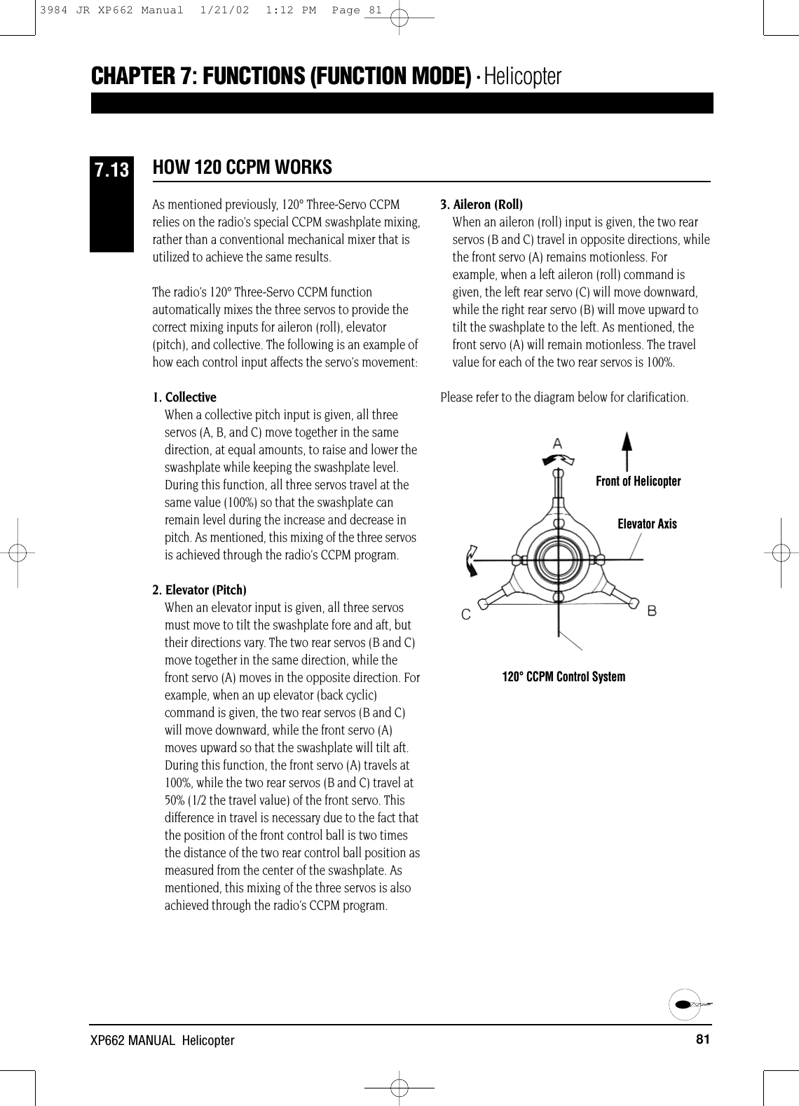 81XP662 MANUAL  HelicopterHOW 120 CCPM WORKS7.13CHAPTER 7:FUNCTIONS (FUNCTION MODE) • HelicopterAs mentioned previously, 120° Three-Servo CCPMrelies on the radio’s special CCPM swashplate mixing,rather than a conventional mechanical mixer that isutilized to achieve the same results.The radio’s 120° Three-Servo CCPM functionautomatically mixes the three servos to provide thecorrect mixing inputs for aileron (roll), elevator(pitch), and collective. The following is an example ofhow each control input affects the servo’s movement:1. CollectiveWhen a collective pitch input is given, all threeservos (A, B, and C) move together in the samedirection, at equal amounts, to raise and lower theswashplate while keeping the swashplate level.During this function, all three servos travel at thesame value (100%) so that the swashplate canremain level during the increase and decrease inpitch. As mentioned, this mixing of the three servosis achieved through the radio’s CCPM program.2. Elevator (Pitch)When an elevator input is given, all three servosmust move to tilt the swashplate fore and aft, buttheir directions vary. The two rear servos (B and C)move together in the same direction, while thefront servo (A) moves in the opposite direction. Forexample, when an up elevator (back cyclic)command is given, the two rear servos (B and C)will move downward, while the front servo (A)moves upward so that the swashplate will tilt aft.During this function, the front servo (A) travels at100%, while the two rear servos (B and C) travel at50% (1/2 the travel value) of the front servo. Thisdifference in travel is necessary due to the fact thatthe position of the front control ball is two timesthe distance of the two rear control ball position asmeasured from the center of the swashplate. Asmentioned, this mixing of the three servos is alsoachieved through the radio’s CCPM program.3. Aileron (Roll) When an aileron (roll) input is given, the two rearservos (B and C) travel in opposite directions, whilethe front servo (A) remains motionless. Forexample, when a left aileron (roll) command isgiven, the left rear servo (C) will move downward,while the right rear servo (B) will move upward totilt the swashplate to the left. As mentioned, thefront servo (A) will remain motionless. The travelvalue for each of the two rear servos is 100%.Please refer to the diagram below for clarification.Front of HelicopterElevator Axis120° CCPM Control System3984 JR XP662 Manual  1/21/02  1:12 PM  Page 81