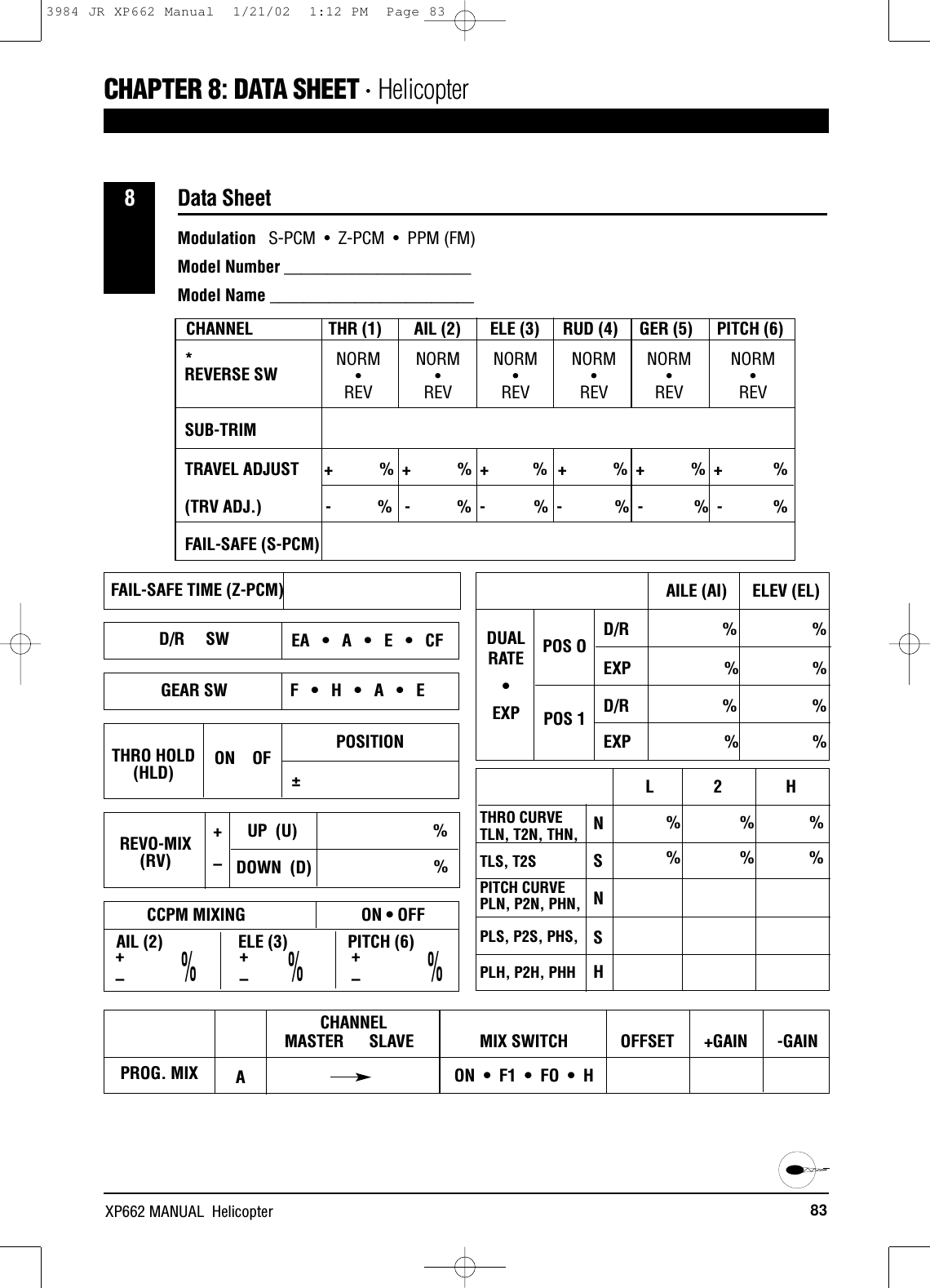 83XP662 MANUAL  HelicopterCHAPTER 8:DATA SHEET •  HelicopterEA   •   A   •   E   •   CFF   •   H   •   A   •   EData Sheet8D/R                      %                  %EXP                      %                 %D/R                      %                 %EXP                      %                 %CHANNEL THR (1) AIL (2) ELE (3) RUD (4) GER (5) PITCH (6)NORM NORM NORM NORM NORM NORM••••• •REV REV REV REV REV REVSUB-TRIM                 TRAVEL ADJUST      + %  + % +          %   + %  + %  +           %(TRV ADJ.)               - %   - %  -          %  - %  - %  -            %FAIL-SAFE (S-PCM)   REVERSE SW*FAIL-SAFE TIME (Z-PCM) AILE (AI)      ELEV (EL)POS OPOS 1L              2               HNSNSHTHRO CURVE TLN, T2N, THN, TLS, T2SPITCH CURVEPLN, P2N, PHN, PLS, P2S, PHS, PLH, P2H, PHH%              %             %%              %             %   DUAL RATE • EXPD/R     SWGEAR SWREVO-MIX(RV)UP  (U) %%DOWN  (D)+–THRO HOLD(HLD) ON    OFPROG. MIX ACHANNELMASTER SLAVE MIX SWITCH OFFSET  +GAIN  -GAINON  •  F1  •  FO  •  HPOSITION±Modulation S-PCM  •  Z-PCM  •  PPM (FM)Model Number ______________________   Model Name ________________________    AIL (2) ELE (3) PITCH (6)CCPM MIXING  ON • OFF+–%%%+–+–3984 JR XP662 Manual  1/21/02  1:12 PM  Page 83