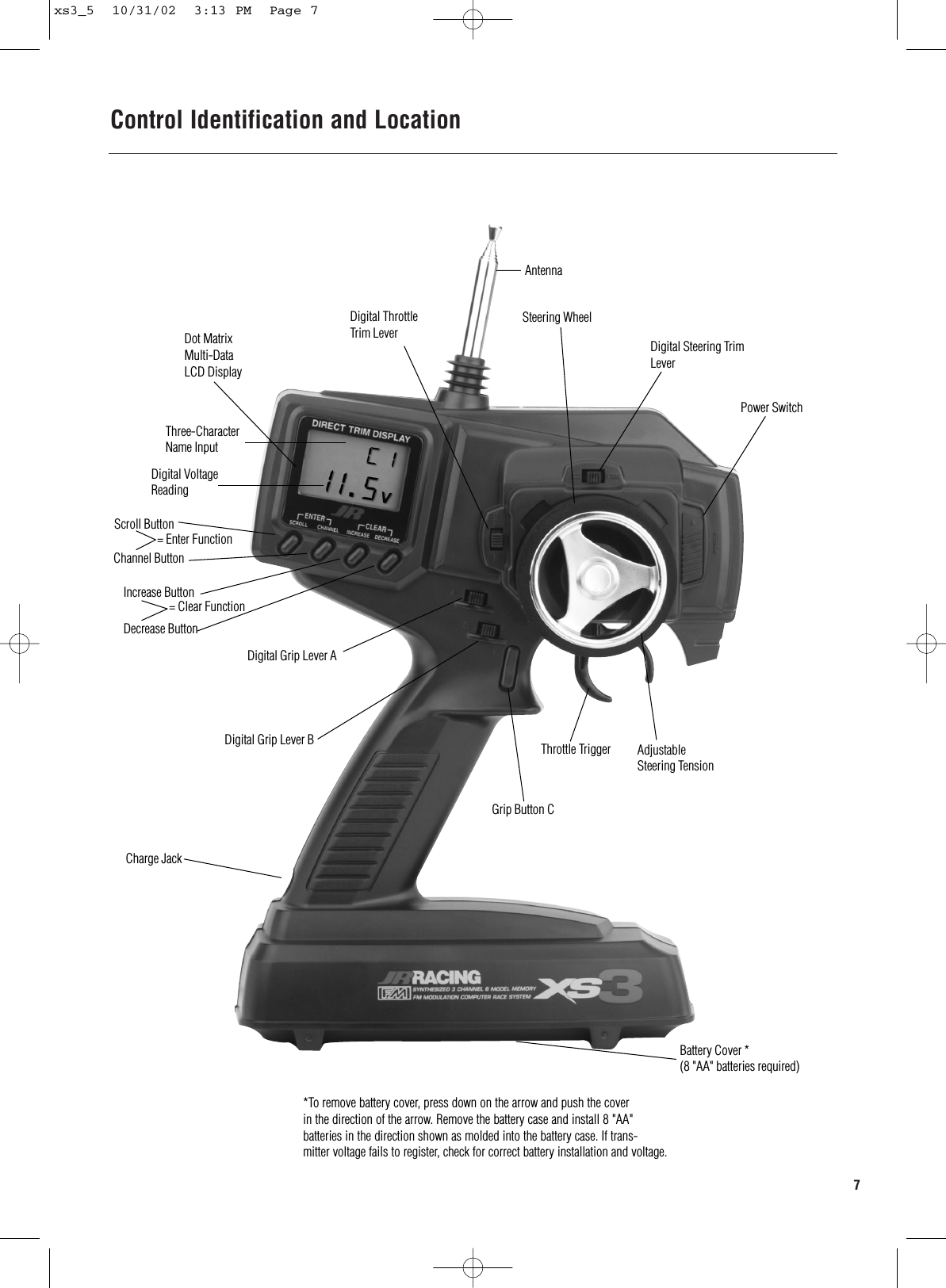 Control Identification and Location7AntennaSteering WheelDigital ThrottleTrim LeverDot Matrix Multi-Data LCD DisplayThree-Character Name InputDigital VoltageReadingDigital Grip Lever ADigital Grip Lever BGrip Button C Charge JackPower SwitchScroll Button= Enter Function= Clear FunctionChannel ButtonDecrease ButtonIncrease ButtonDigital Steering TrimLeverThrottle Trigger Adjustable Steering TensionBattery Cover *(8 &quot;AA&quot; batteries required)*To remove battery cover, press down on the arrow and push the coverin the direction of the arrow. Remove the battery case and install 8 &quot;AA&quot; batteries in the direction shown as molded into the battery case. If trans-mitter voltage fails to register, check for correct battery installation and voltage.xs3_5  10/31/02  3:13 PM  Page 7