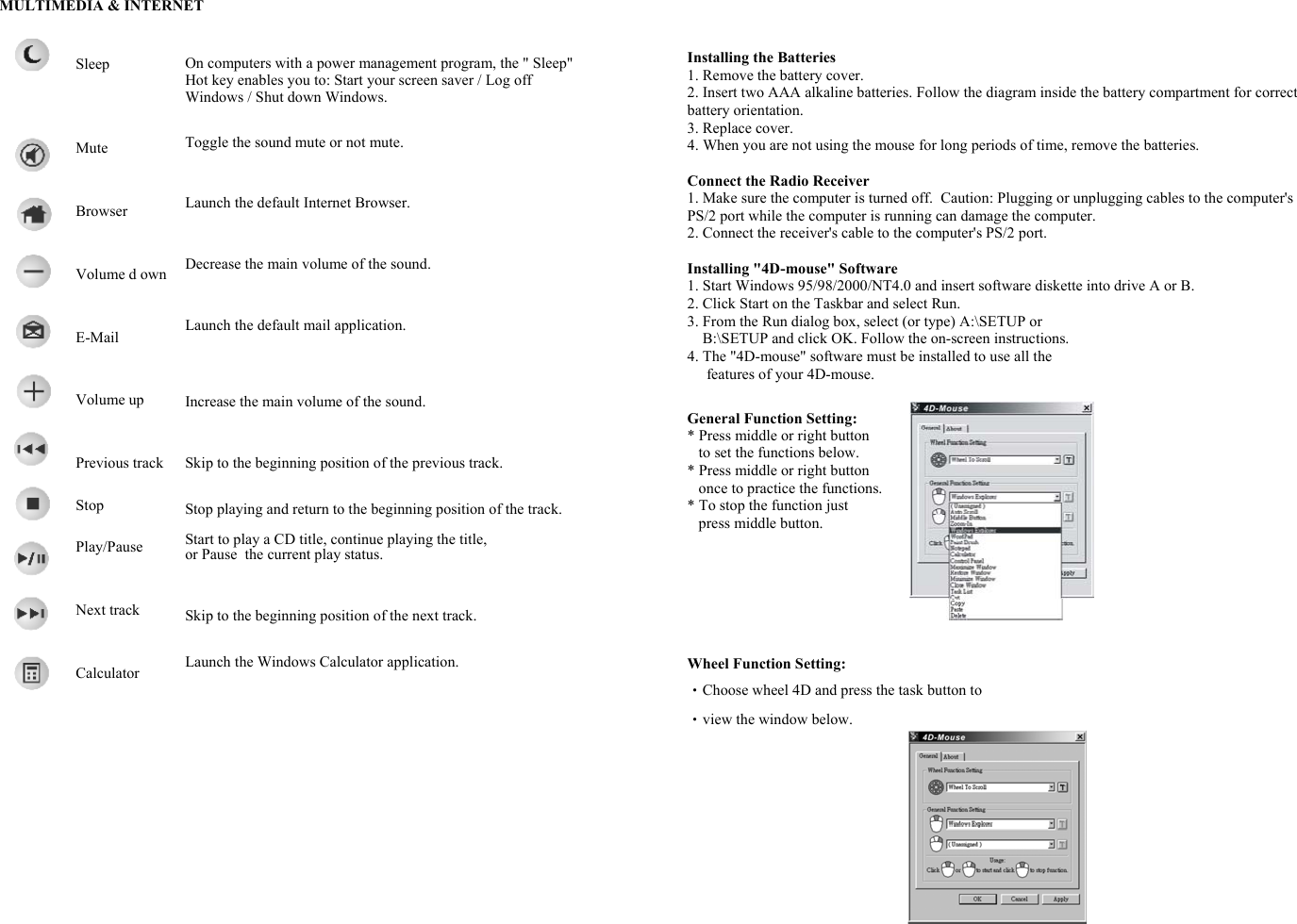 MULTIMEDIA &amp; INTERNET   Sleep                       Mute      Browser   Volume d own   E-Mail    Volume up   Previous track   Stop  Play/Pause   Next track   Calculator                       Installing the Batteries 1. Remove the battery cover. 2. Insert two AAA alkaline batteries. Follow the diagram inside the battery compartment for correct battery orientation. 3. Replace cover. 4. When you are not using the mouse for long periods of time, remove the batteries.  Connect the Radio Receiver 1. Make sure the computer is turned off.  Caution: Plugging or unplugging cables to the computer&apos;s PS/2 port while the computer is running can damage the computer. 2. Connect the receiver&apos;s cable to the computer&apos;s PS/2 port.  Installing &quot;4D-mouse&quot; Software 1. Start Windows 95/98/2000/NT4.0 and insert software diskette into drive A or B. 2. Click Start on the Taskbar and select Run. 3. From the Run dialog box, select (or type) A:\SETUP or     B:\SETUP and click OK. Follow the on-screen instructions. 4. The &quot;4D-mouse&quot; software must be installed to use all the      features of your 4D-mouse.  General Function Setting: * Press middle or right button     to set the functions below. * Press middle or right button     once to practice the functions. * To stop the function just     press middle button.      Wheel Function Setting: •Choose wheel 4D and press the task button to  •view the window below.     On computers with a power management program, the &quot; Sleep&quot; Hot key enables you to: Start your screen saver / Log off Windows / Shut down Windows.   Toggle the sound mute or not mute.    Launch the default Internet Browser.    Decrease the main volume of the sound.    Launch the default mail application.      Increase the main volume of the sound.    Skip to the beginning position of the previous track.   Stop playing and return to the beginning position of the track.  Start to play a CD title, continue playing the title,  or Pause  the current play status.                     Skip to the beginning position of the next track.   Launch the Windows Calculator application.   