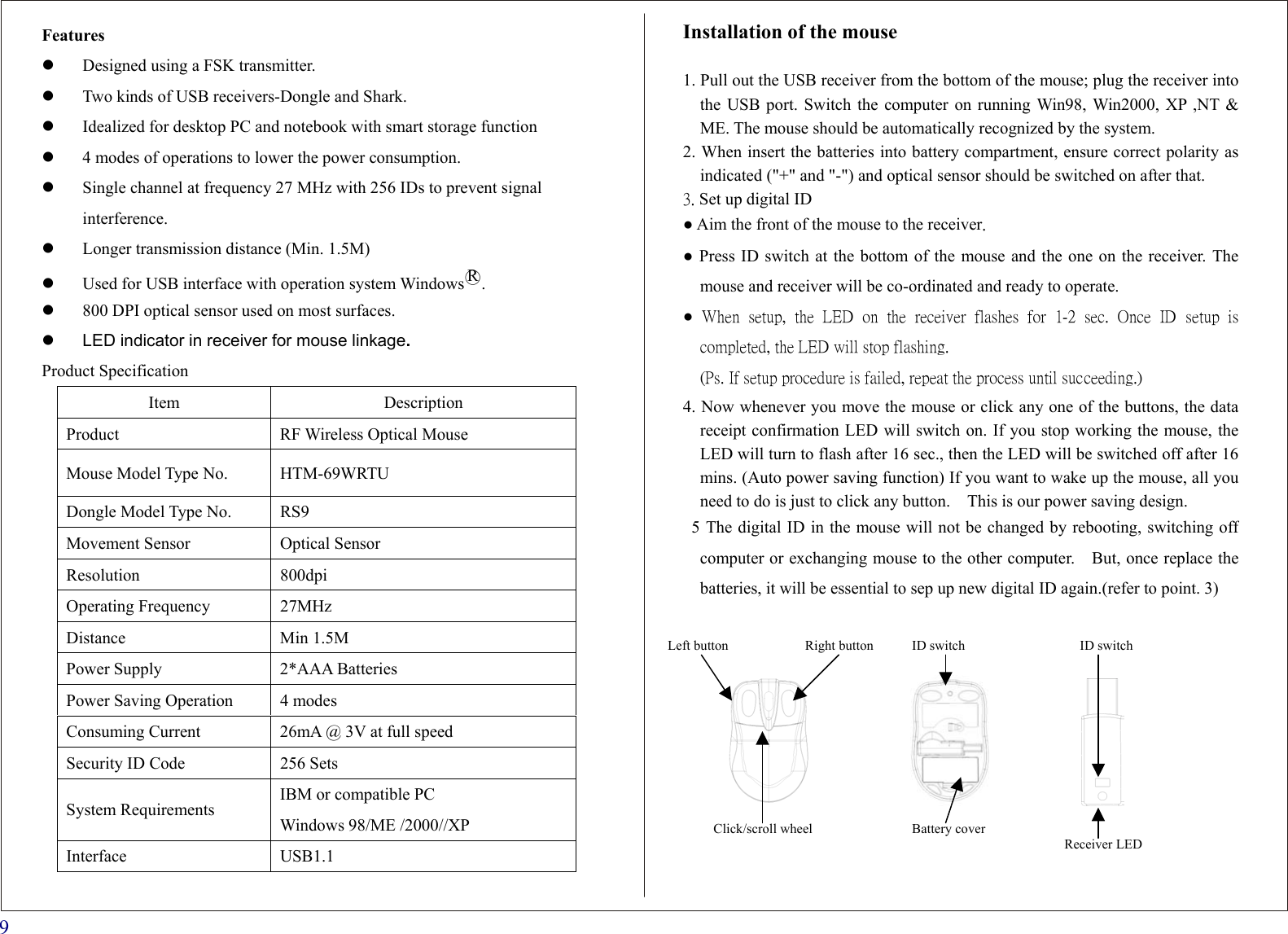  9 Features                         Designed using a FSK transmitter.   Two kinds of USB receivers-Dongle and Shark.   Idealized for desktop PC and notebook with smart storage function   4 modes of operations to lower the power consumption.   Single channel at frequency 27 MHz with 256 IDs to prevent signal interference.   Longer transmission distance (Min. 1.5M)   Used for USB interface with operation system Windows○R.   800 DPI optical sensor used on most surfaces.   LED indicator in receiver for mouse linkage. Product Specification Item Description Product RF Wireless Optical Mouse Mouse Model Type No.  HTM-69WRTU Dongle Model Type No.  RS9 Movement Sensor  Optical Sensor Resolution 800dpi Operating Frequency  27MHz Distance Min 1.5M Power Supply  2*AAA Batteries Power Saving Operation  4 modes Consuming Current  26mA @ 3V at full speed Security ID Code  256 Sets System Requirements  IBM or compatible PC Windows 98/ME /2000//XP Interface USB1.1 Installation of the mouse  1. Pull out the USB receiver from the bottom of the mouse; plug the receiver into the USB port. Switch the computer on running Win98, Win2000, XP ,NT &amp; ME. The mouse should be automatically recognized by the system. 2. When insert the batteries into battery compartment, ensure correct polarity as indicated (&quot;+&quot; and &quot;-&quot;) and optical sensor should be switched on after that.   3. Set up digital ID ● Aim the front of the mouse to the receiver. ● Press ID switch at the bottom of the mouse and the one on the receiver. The mouse and receiver will be co-ordinated and ready to operate. ● When setup, the LED on the receiver flashes for 1-2 sec. Once ID setup is completed, the LED will stop flashing. (Ps. If setup procedure is failed, repeat the process until succeeding.) 4. Now whenever you move the mouse or click any one of the buttons, the data receipt confirmation LED will switch on. If you stop working the mouse, theLED will turn to flash after 16 sec., then the LED will be switched off after 16 mins. (Auto power saving function) If you want to wake up the mouse, all you need to do is just to click any button.    This is our power saving design.   5 The digital ID in the mouse will not be changed by rebooting, switching off computer or exchanging mouse to the other computer.    But, once replace the batteries, it will be essential to sep up new digital ID again.(refer to point. 3)                                  Left button Right button  ID switch Click/scroll wheel ID switch Battery cover Receiver LED