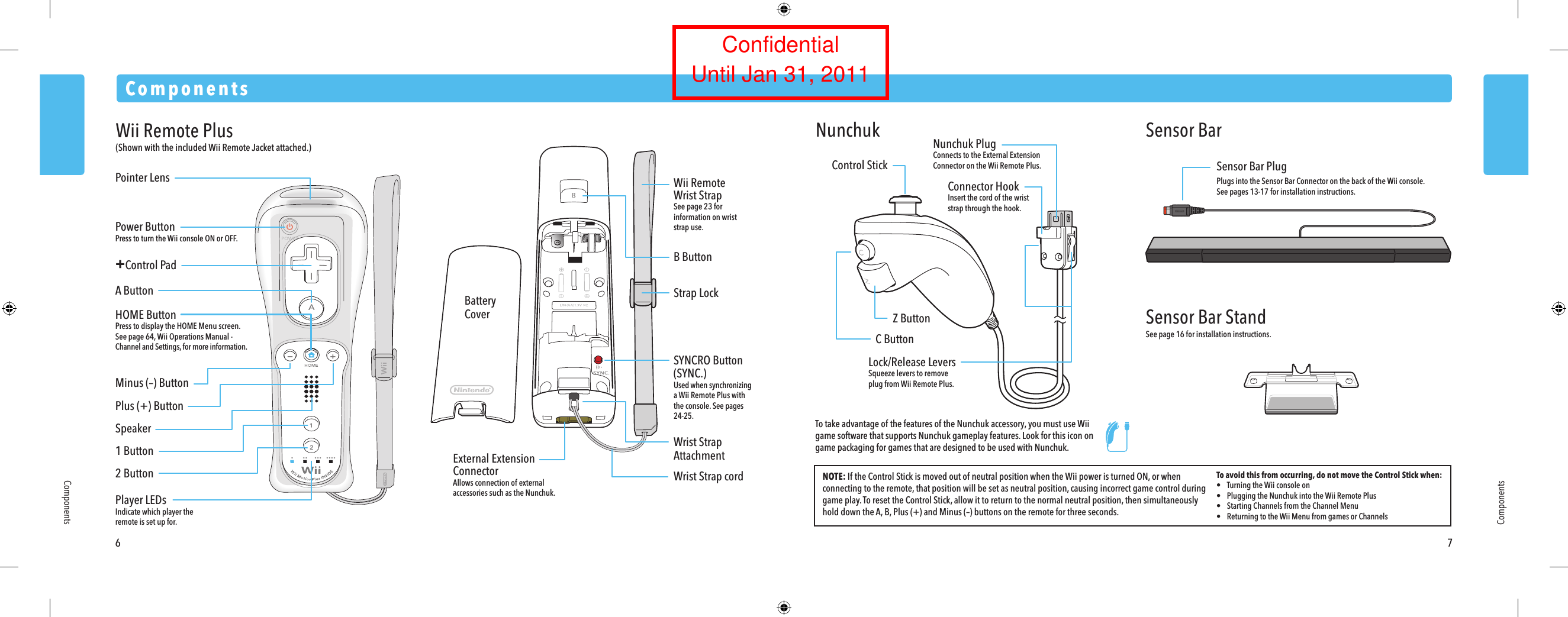To take advantage of the features of the Nunchuk accessory, you must use Wii game software that supports Nunchuk gameplay features. Look for this icon on game packaging for games that are designed to be used with Nunchuk.6 7ComponentsComponentsComponentsPower ButtonPress to turn the Wii console ON or OFF.Pointer LensB ButtonStrap LockWrist StrapAttachmentWrist Strap cordBatteryCoverWii RemoteWrist StrapSee page 23 for information on wrist strap use.A ButtonMinus (&ndash;) ButtonHOME ButtonPress to display the HOME Menu screen. See page 64, Wii Operations Manual - Channel and Settings, for more information.Plus (+) ButtonSpeaker1 Button2 ButtonPlayer LEDsIndicate which player the remote is set up for.+Control PadWii Remote Plus(Shown with the included Wii Remote Jacket attached.)External ExtensionConnectorAllows connection of external accessories such as the Nunchuk.SYNCRO Button(SYNC.)Used when synchronizinga Wii Remote Plus with the console. See pages 24-25.Control StickNOTE: If the Control Stick is moved out of neutral position when the Wii power is turned ON, or when connecting to the remote, that position will be set as neutral position, causing incorrect game control during game play. To reset the Control Stick, allow it to return to the normal neutral position, then simultaneously hold down the A, B, Plus (+) and Minus (&ndash;) buttons on the remote for three seconds.To avoid this from occurring, do not move the Control Stick when:&bull;  Turning the Wii console on&bull;  Plugging the Nunchuk into the Wii Remote Plus&bull;  Starting Channels from the Channel Menu&bull;  Returning to the Wii Menu from games or ChannelsNunchuk PlugConnects to the External Extension Connector on the Wii Remote Plus.Connector HookInsert the cord of the wrist strap through the hook.C ButtonZ ButtonLock/Release LeversSqueeze levers to remove plug from Wii Remote Plus.Sensor Bar PlugPlugs into the Sensor Bar Connector on the back of the Wii console.See pages 13-17 for installation instructions.Nunchuk Sensor BarSensor Bar StandSee page 16 for installation instructions.ConfidentialUntil Jan 31, 2011
