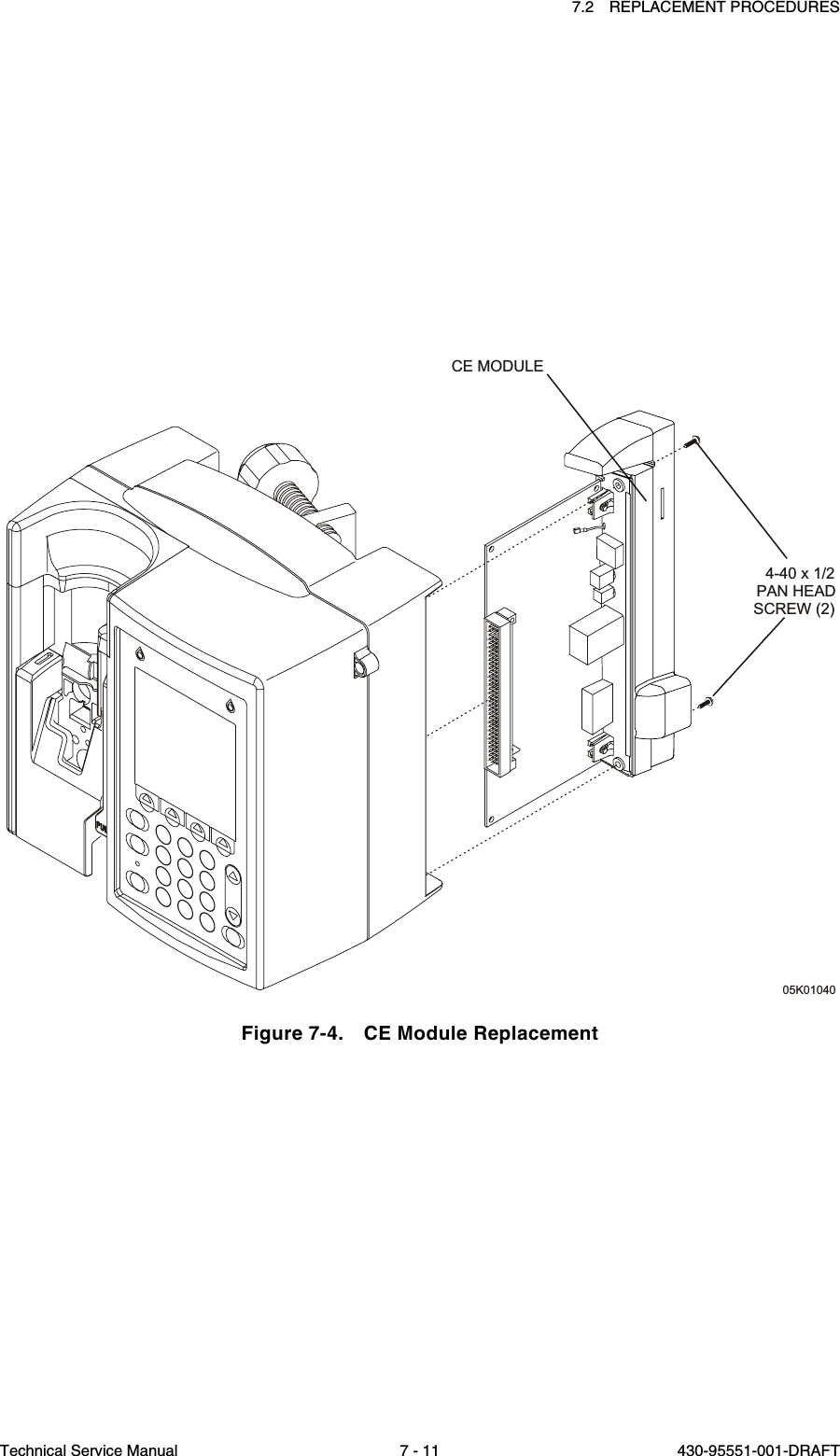 7.2 REPLACEMENT PROCEDURESTechnical Service Manual 7 - 11 430-95551-001-DRAFTFigure 7-4. CE Module ReplacementCE MODULE4-40 x 1/2PAN HEADSCREW (2)05K01040