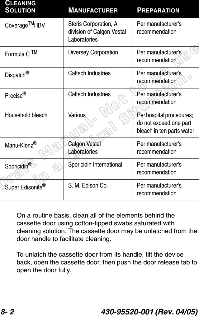 Draft Manual- Not to be usedin a Clinical Situation.8- 2 430-95520-001 (Rev. 04/05) On a routine basis, clean all of the elements behind the cassette door using cotton-tipped swabs saturated with cleaning solution. The cassette door may be unlatched from the door handle to facilitate cleaning. To unlatch the cassette door from its handle, tilt the device back, open the cassette door, then push the door release tab to open the door fully.CLEANING SOLUTION MANUFACTURER PREPARATIONCoverageTMHBV Steris Corporation, A division of Calgon Vestal LaboratoriesPer manufacturer&apos;s recommendationFormula C TM Diversey Corporation Per manufacturer&apos;s recommendationDispatch®Caltech Industries Per manufacturer&apos;s recommendationPrecise®Caltech Industries Per manufacturer&apos;s recommendationHousehold bleach Various Per hospital procedures; do not exceed one part bleach in ten parts waterManu-Klenz®Calgon Vestal LaboratoriesPer manufacturer&apos;s recommendationSporicidin®Sporicidin International Per manufacturer&apos;s recommendationSuper Edisonite®S. M. Edison Co. Per manufacturer&apos;s recommendation