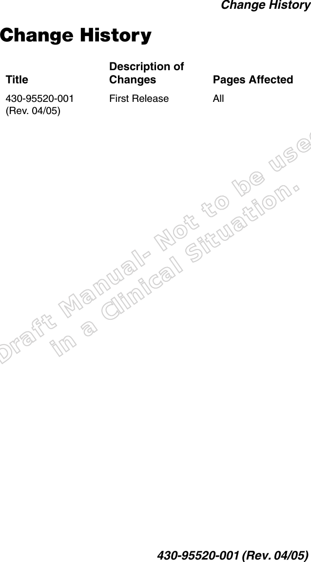 Draft Manual- Not to be usedin a Clinical Situation.Change History430-95520-001 (Rev. 04/05) Change HistoryTitleDescription of Changes Pages Affected430-95520-001 (Rev. 04/05)First Release All