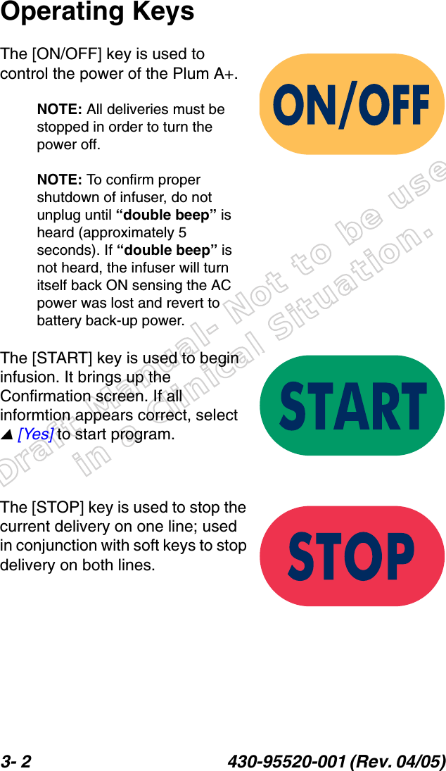 Draft Manual- Not to be usedin a Clinical Situation.3- 2 430-95520-001 (Rev. 04/05) Operating KeysThe [ON/OFF] key is used to control the power of the Plum A+. NOTE: All deliveries must be stopped in order to turn the power off.NOTE: To confirm proper shutdown of infuser, do not unplug until “double beep” is heard (approximately 5 seconds). If “double beep” is not heard, the infuser will turn itself back ON sensing the AC power was lost and revert to battery back-up power.The [START] key is used to begin infusion. It brings up the Confirmation screen. If all informtion appears correct, select V [Yes] to start program.The [STOP] key is used to stop the current delivery on one line; used in conjunction with soft keys to stop delivery on both lines.