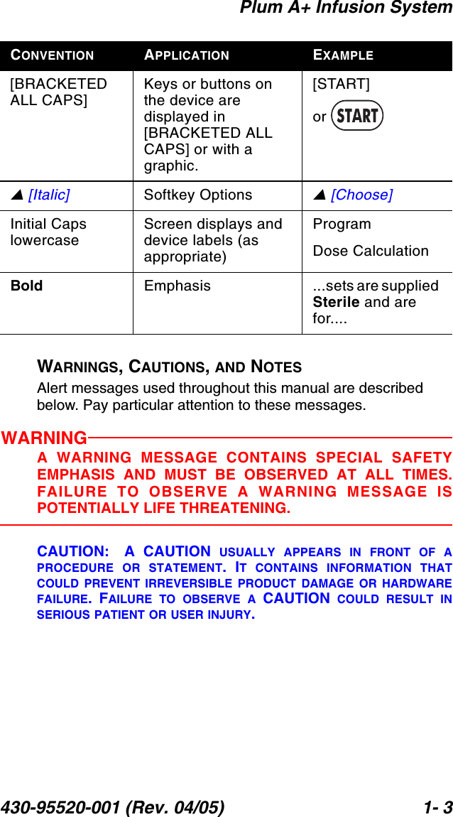 Plum A+ Infusion System430-95520-001 (Rev. 04/05) 1- 3WARNINGS, CAUTIONS, AND NOTESAlert messages used throughout this manual are described below. Pay particular attention to these messages.WARNINGA WARNING MESSAGE CONTAINS SPECIAL SAFETYEMPHASIS AND MUST BE OBSERVED AT ALL TIMES.FAILURE TO OBSERVE A WARNING MESSAGE ISPOTENTIALLY LIFE THREATENING.CAUTION: A CAUTION USUALLY APPEARS IN FRONT OF APROCEDURE OR STATEMENT. IT CONTAINS INFORMATION THATCOULD PREVENT IRREVERSIBLE PRODUCT DAMAGE OR HARDWAREFAILURE. FAILURE TO OBSERVE A CAUTION COULD RESULT INSERIOUS PATIENT OR USER INJURY.[BRACKETEDALL CAPS]Keys or buttons on the device are displayed in [BRACKETED ALL CAPS] or with a graphic.[START]or V [Italic] Softkey OptionsV [Choose]Initial Caps lowercaseScreen displays and device labels (as appropriate)ProgramDose CalculationBold Emphasis ...sets are supplied Sterile and are for....CONVENTION APPLICATION EXAMPLE