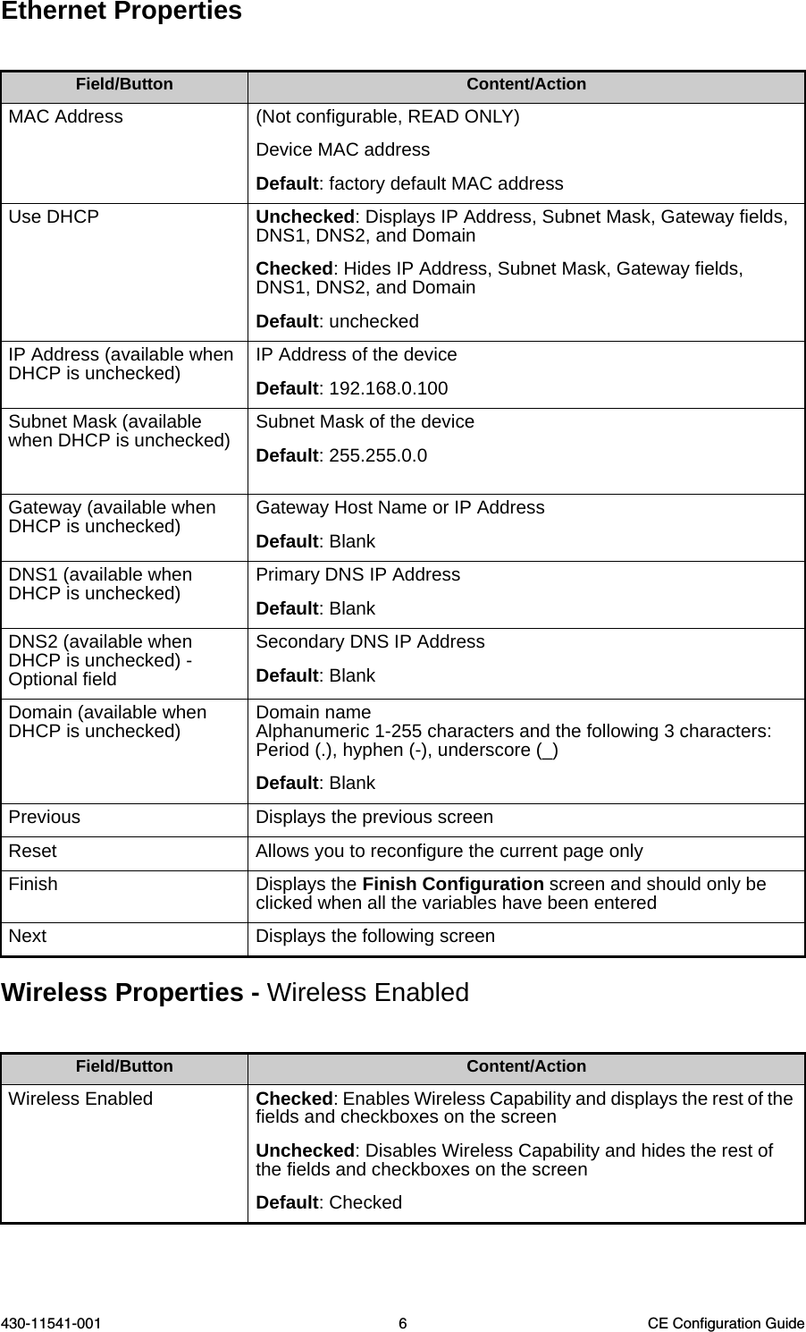 430-11541-001 6 CE Configuration GuideEthernet PropertiesWireless Properties - Wireless Enabled Field/Button Content/ActionMAC Address (Not configurable, READ ONLY)Device MAC address Default: factory default MAC address Use DHCP Unchecked: Displays IP Address, Subnet Mask, Gateway fields, DNS1, DNS2, and DomainChecked: Hides IP Address, Subnet Mask, Gateway fields, DNS1, DNS2, and DomainDefault: unchecked IP Address (available when DHCP is unchecked) IP Address of the device Default: 192.168.0.100 Subnet Mask (available when DHCP is unchecked) Subnet Mask of the device Default: 255.255.0.0 Gateway (available when DHCP is unchecked) Gateway Host Name or IP Address Default: BlankDNS1 (available when DHCP is unchecked)  Primary DNS IP AddressDefault: BlankDNS2 (available when DHCP is unchecked) - Optional fieldSecondary DNS IP Address Default: BlankDomain (available when DHCP is unchecked) Domain nameAlphanumeric 1-255 characters and the following 3 characters:Period (.), hyphen (-), underscore (_)Default: BlankPrevious Displays the previous screenReset Allows you to reconfigure the current page onlyFinish Displays the Finish Configuration screen and should only be clicked when all the variables have been enteredNext Displays the following screenField/Button Content/ActionWireless Enabled Checked: Enables Wireless Capability and displays the rest of the fields and checkboxes on the screen  Unchecked: Disables Wireless Capability and hides the rest of the fields and checkboxes on the screen  Default: Checked 