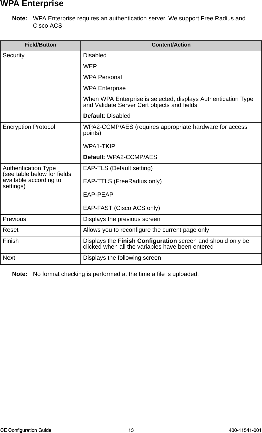 CE Configuration Guide 13 430-11541-001WPA EnterpriseNote: WPA Enterprise requires an authentication server. We support Free Radius and Cisco ACS.Note: No format checking is performed at the time a file is uploaded.Field/Button Content/ActionSecurity Disabled WEP WPA Personal WPA EnterpriseWhen WPA Enterprise is selected, displays Authentication Type and Validate Server Cert objects and fieldsDefault: DisabledEncryption Protocol WPA2-CCMP/AES (requires appropriate hardware for access points)WPA1-TKIPDefault: WPA2-CCMP/AESAuthentication Type (see table below for fields available according to settings)EAP-TLS (Default setting)EAP-TTLS (FreeRadius only)EAP-PEAPEAP-FAST (Cisco ACS only)Previous Displays the previous screenReset Allows you to reconfigure the current page onlyFinish Displays the Finish Configuration screen and should only be clicked when all the variables have been enteredNext Displays the following screen