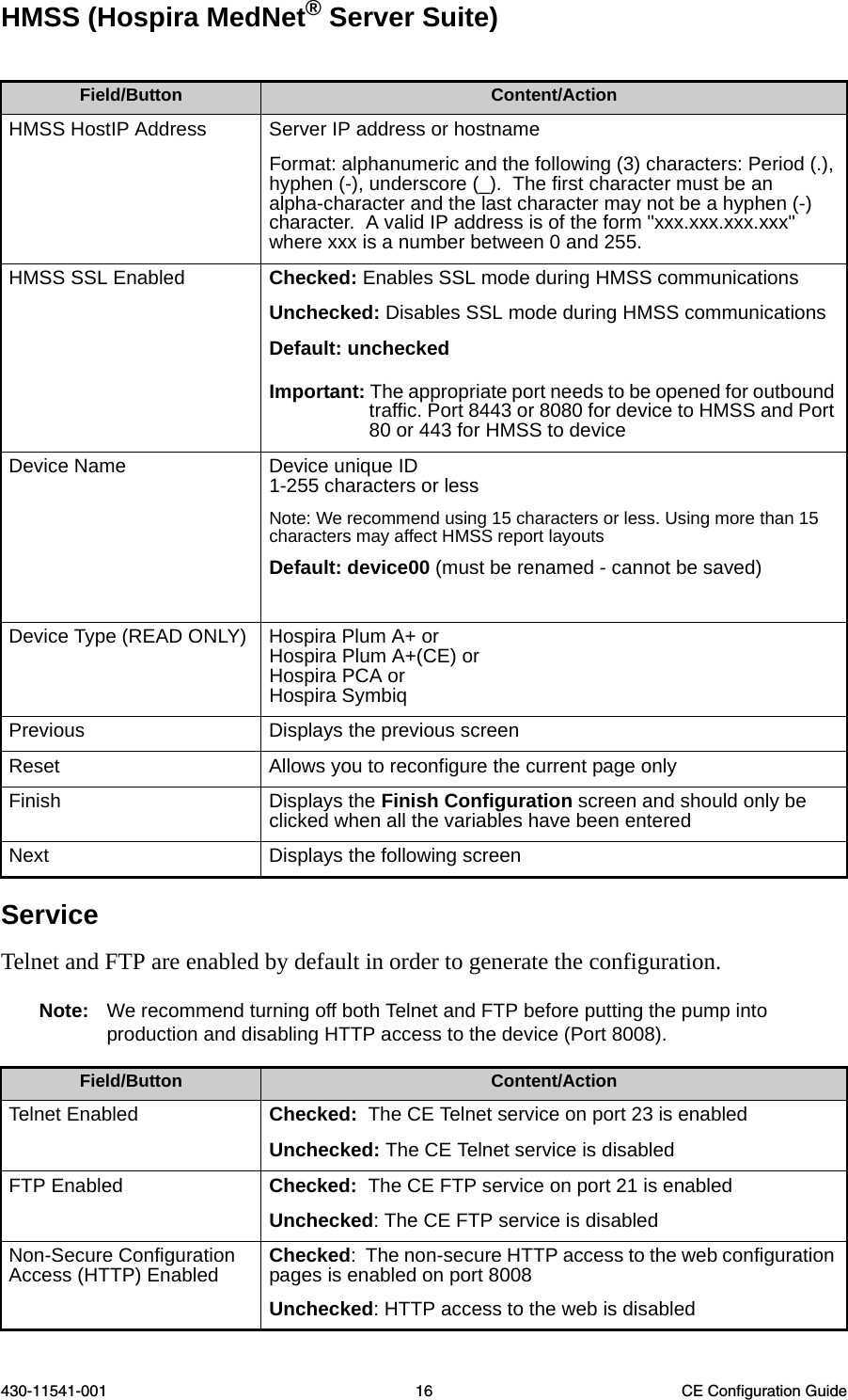 430-11541-001 16 CE Configuration GuideHMSS (Hospira MedNet® Server Suite)Service Telnet and FTP are enabled by default in order to generate the configuration. Note: We recommend turning off both Telnet and FTP before putting the pump into production and disabling HTTP access to the device (Port 8008).Field/Button Content/ActionHMSS HostIP Address  Server IP address or hostname Format: alphanumeric and the following (3) characters: Period (.), hyphen (-), underscore (_).  The first character must be an alpha-character and the last character may not be a hyphen (-) character.  A valid IP address is of the form &quot;xxx.xxx.xxx.xxx&quot; where xxx is a number between 0 and 255.HMSS SSL Enabled Checked: Enables SSL mode during HMSS communicationsUnchecked: Disables SSL mode during HMSS communicationsDefault: uncheckedImportant: The appropriate port needs to be opened for outbound traffic. Port 8443 or 8080 for device to HMSS and Port 80 or 443 for HMSS to deviceDevice Name Device unique ID1-255 characters or lessNote: We recommend using 15 characters or less. Using more than 15 characters may affect HMSS report layoutsDefault: device00 (must be renamed - cannot be saved)Device Type (READ ONLY) Hospira Plum A+ orHospira Plum A+(CE) or Hospira PCA orHospira SymbiqPrevious Displays the previous screenReset Allows you to reconfigure the current page onlyFinish Displays the Finish Configuration screen and should only be clicked when all the variables have been enteredNext Displays the following screenField/Button Content/ActionTelnet Enabled Checked:  The CE Telnet service on port 23 is enabledUnchecked: The CE Telnet service is disabledFTP Enabled Checked:  The CE FTP service on port 21 is enabledUnchecked: The CE FTP service is disabledNon-Secure Configuration Access (HTTP) Enabled Checked:  The non-secure HTTP access to the web configuration pages is enabled on port 8008Unchecked: HTTP access to the web is disabled