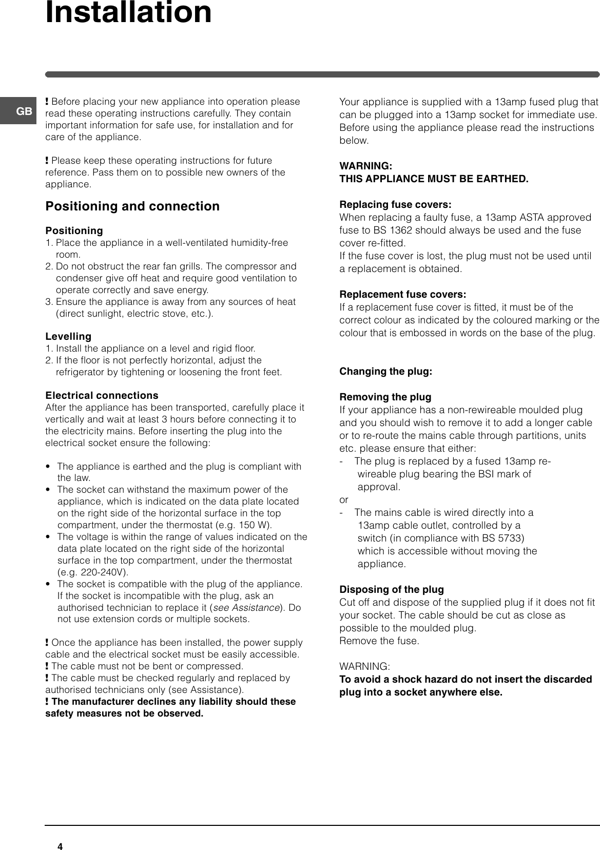Page 4 of 12 - Hotpoint Hotpoint-Built-In-2-Drawer-Fridge-Hdr190I-Users-Manual- 44802gb  Hotpoint-built-in-2-drawer-fridge-hdr190i-users-manual