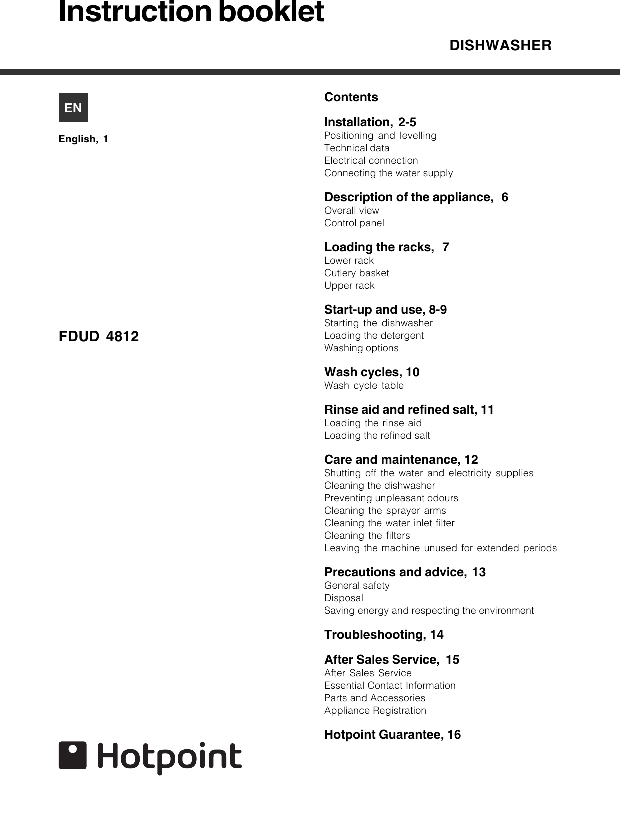 Hotpoint Dishwasher Fdud 4812 Users Manual 19509001600_UK.p65