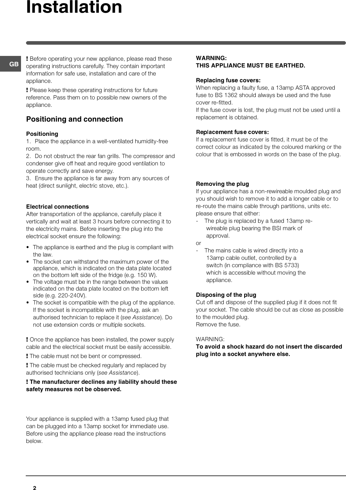 Page 2 of 12 - Hotpoint Hotpoint-Ff175B-Users-Manual- 44802gb  Hotpoint-ff175b-users-manual