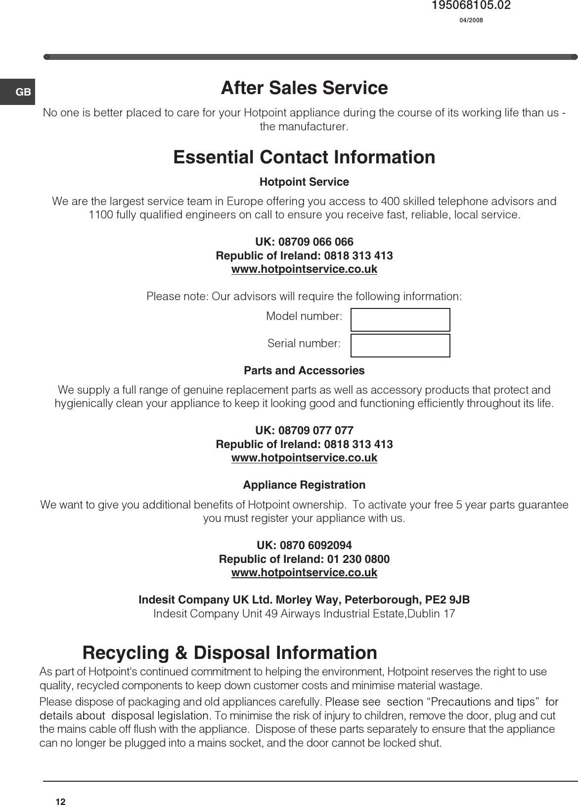 Page 12 of 12 - Hotpoint Hotpoint-Ff4Dk-Users-Manual- 44802gb  Hotpoint-ff4dk-users-manual