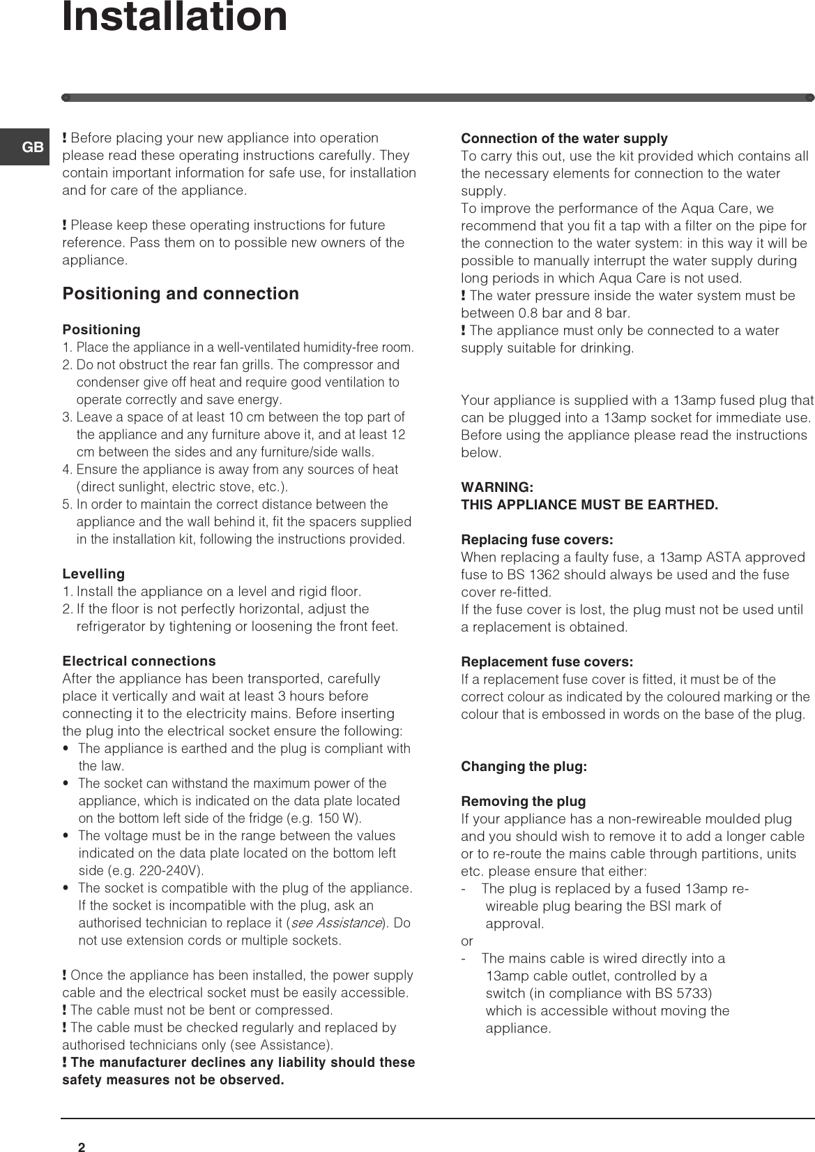 Page 2 of 12 - Hotpoint Hotpoint-Ff4Dk-Users-Manual- 44802gb  Hotpoint-ff4dk-users-manual