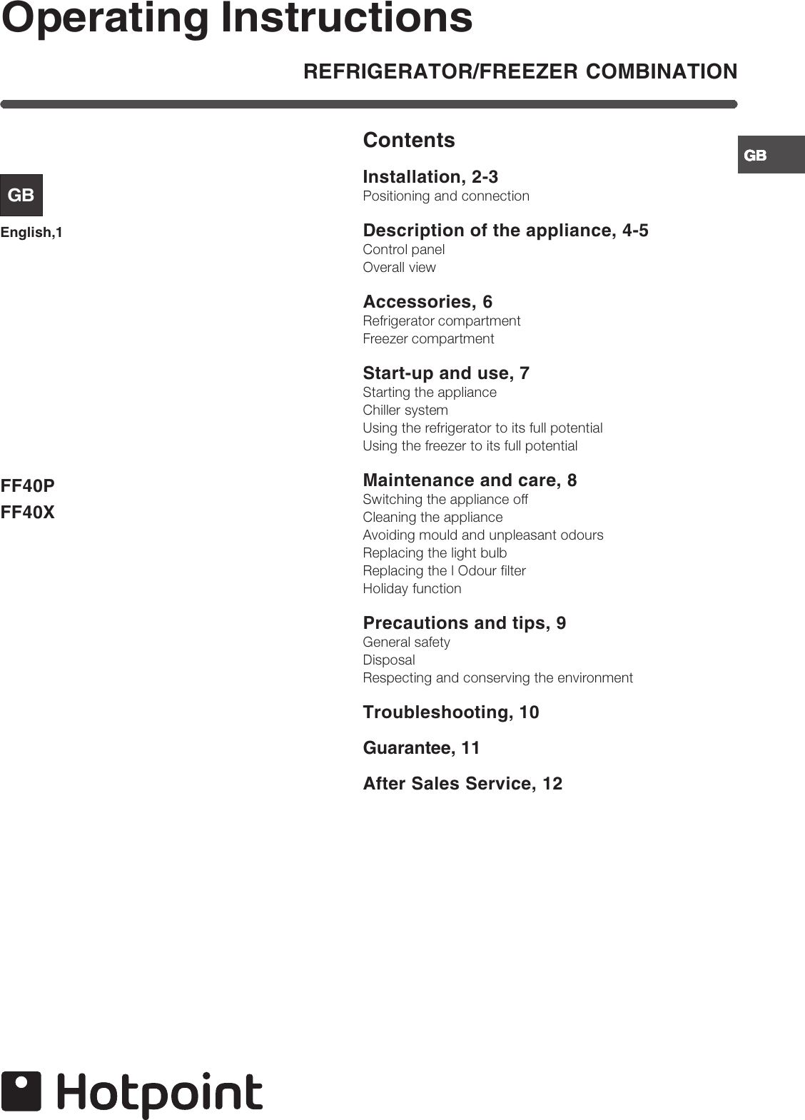 Page 1 of 12 - Hotpoint Hotpoint-Freezer-Combination-Ff40P-Users-Manual- 44802gb  Hotpoint-freezer-combination-ff40p-users-manual