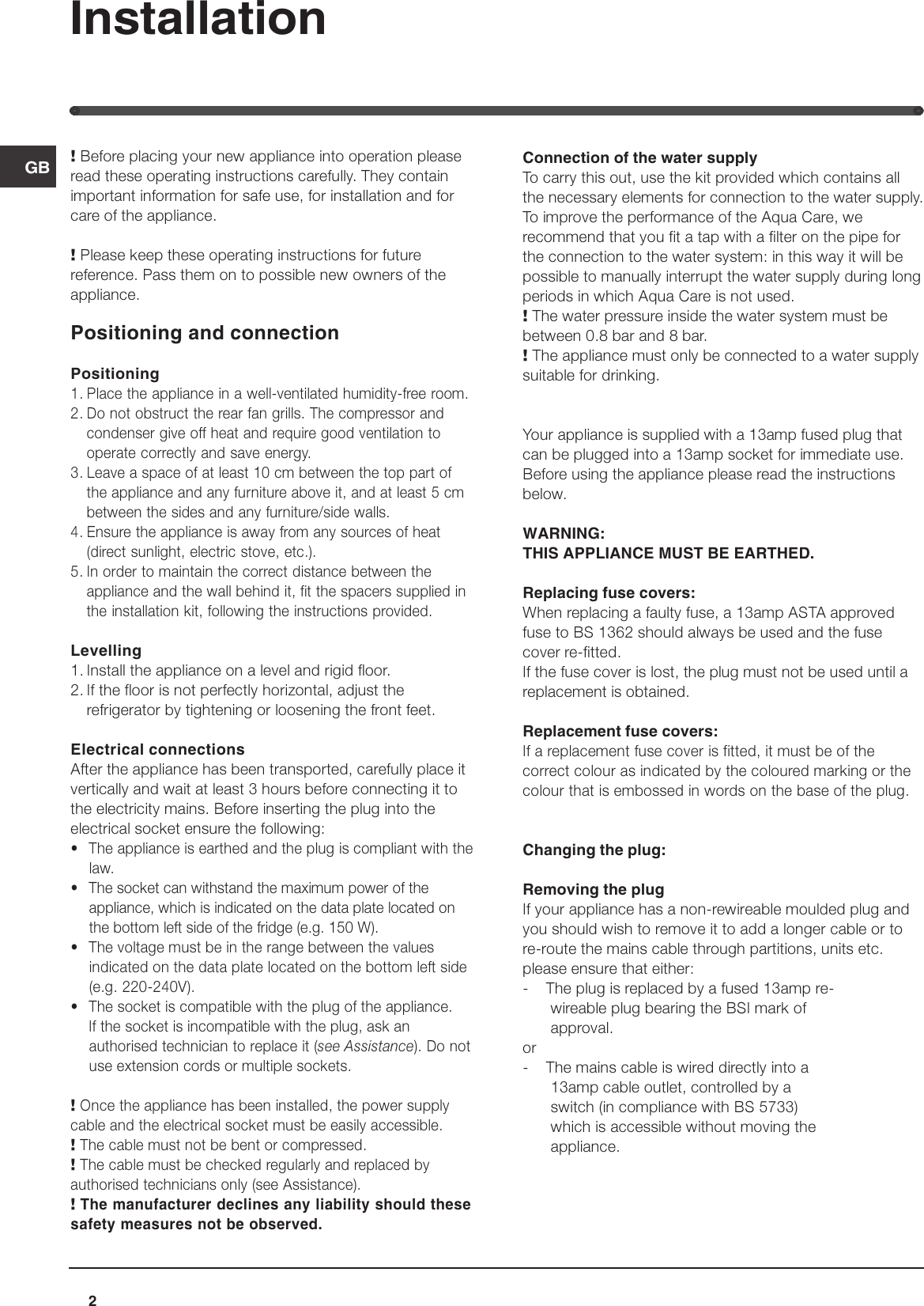 Page 2 of 12 - Hotpoint Hotpoint-Freezer-Combination-Ff40P-Users-Manual- 44802gb  Hotpoint-freezer-combination-ff40p-users-manual