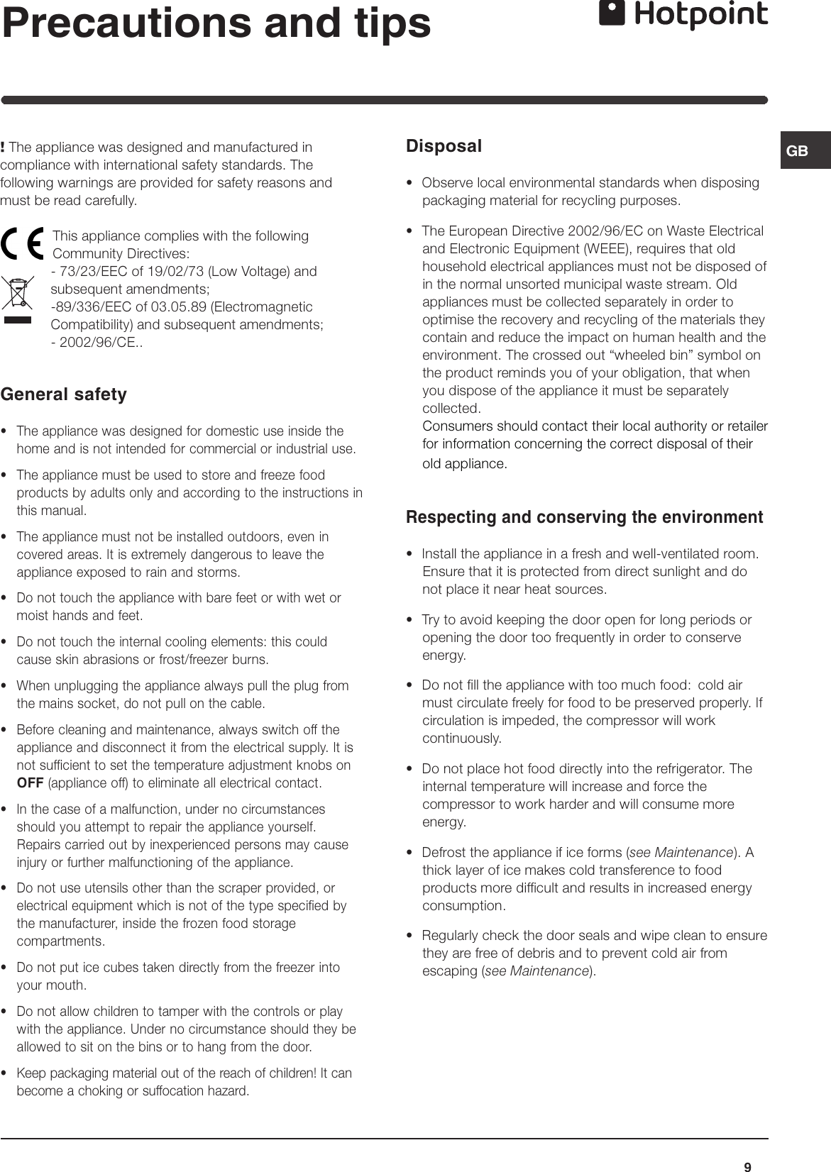 Page 9 of 12 - Hotpoint Hotpoint-Freezer-Combination-Ff40P-Users-Manual- 44802gb  Hotpoint-freezer-combination-ff40p-users-manual