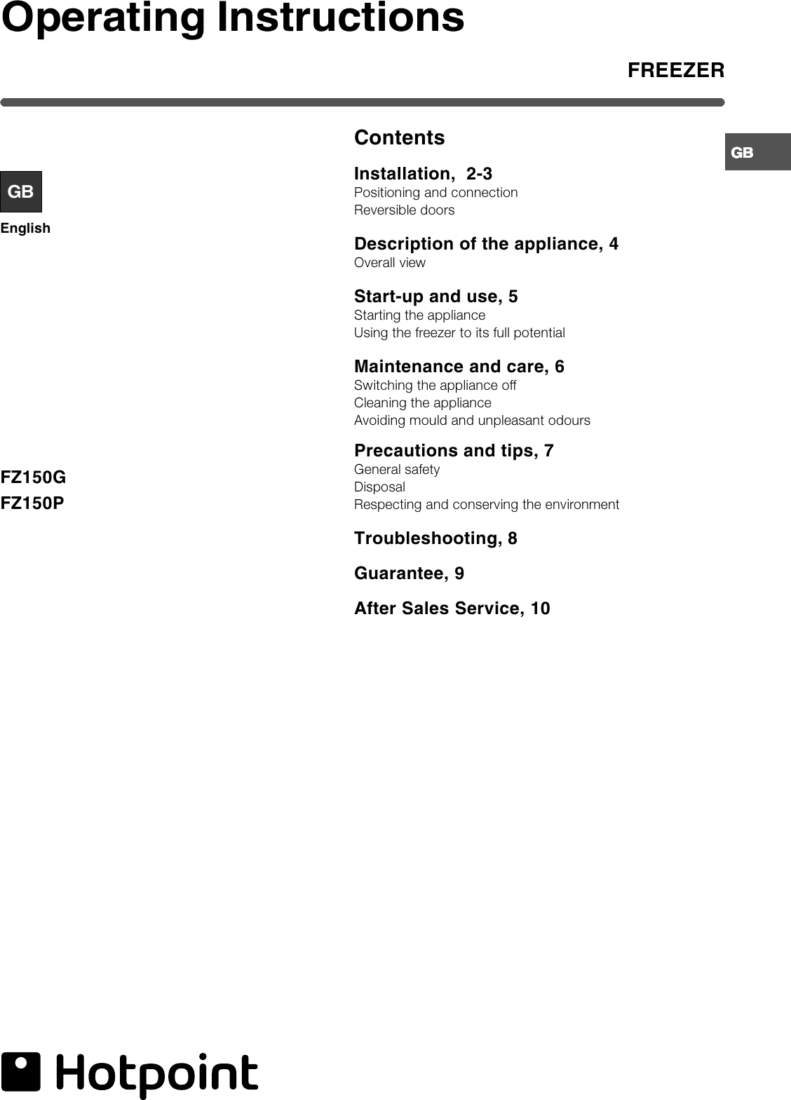 Page 1 of 12 - Hotpoint Hotpoint-Fz150G-Users-Manual- 44802gb  Hotpoint-fz150g-users-manual