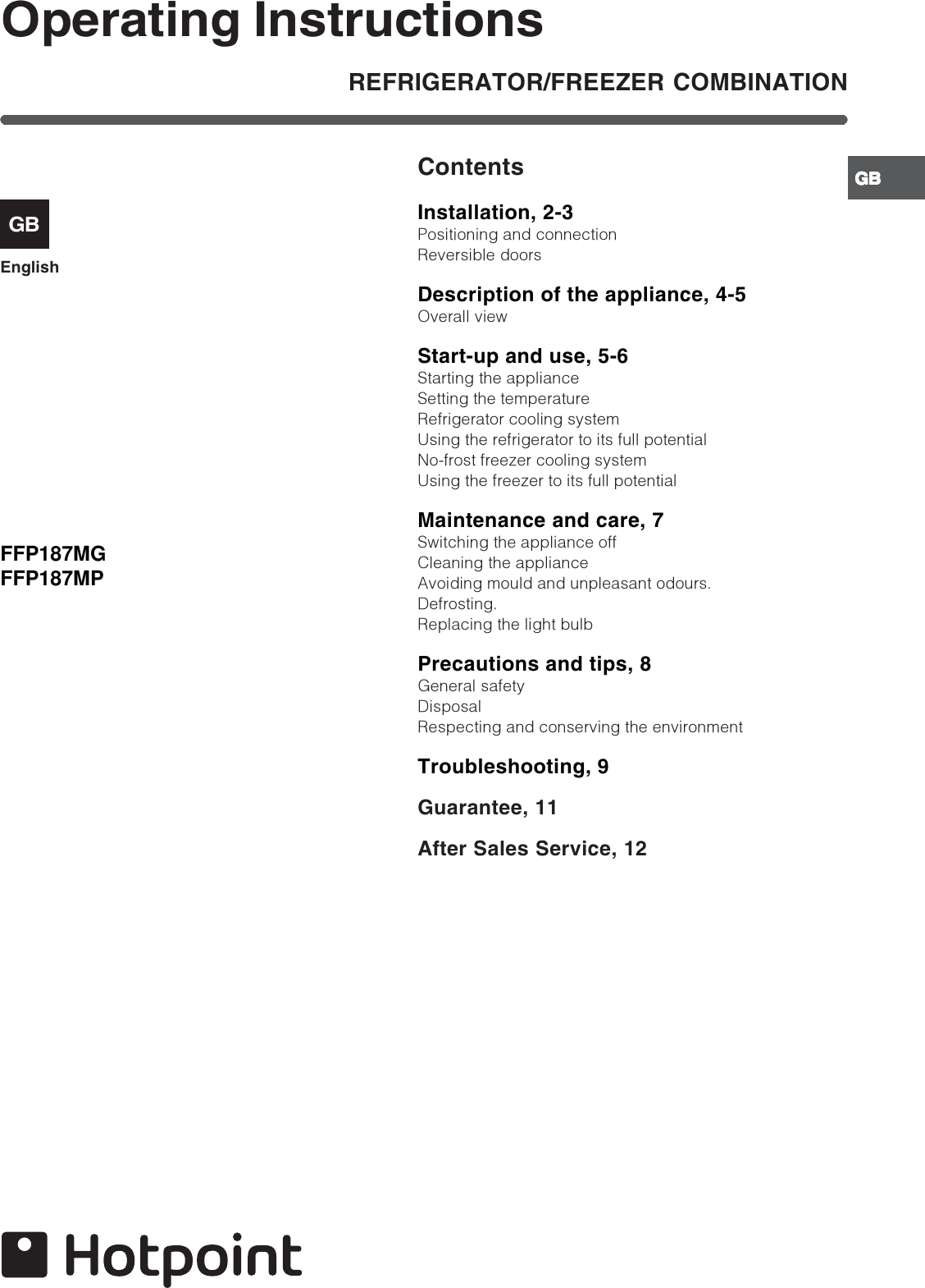 Page 1 of 12 - Hotpoint Hotpoint-Refrigerator-Ffp187Mg-Users-Manual- 44802gb  Hotpoint-refrigerator-ffp187mg-users-manual