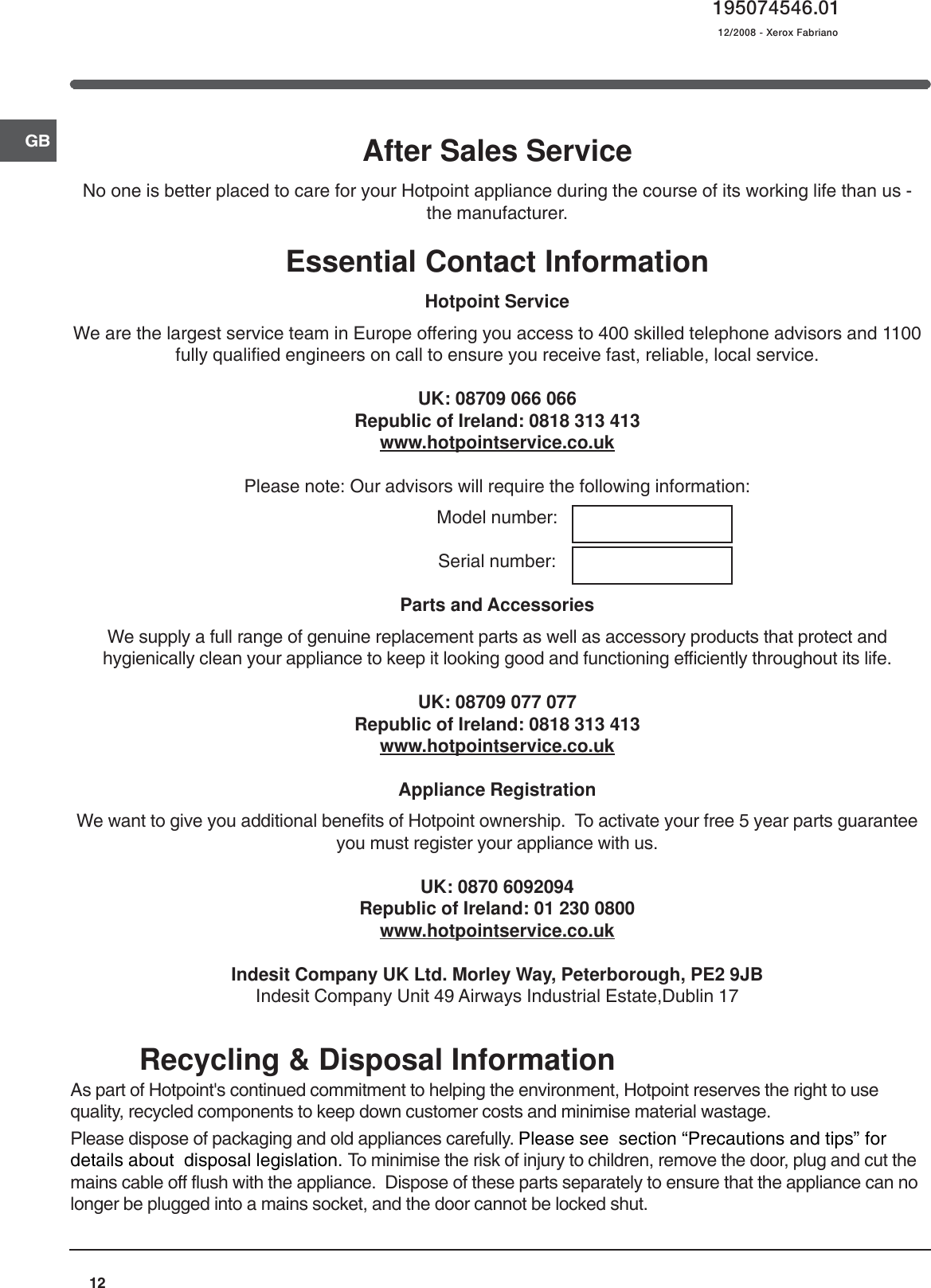 Page 12 of 12 - Hotpoint Hotpoint-Refrigerator-Ffp187Mg-Users-Manual- 44802gb  Hotpoint-refrigerator-ffp187mg-users-manual