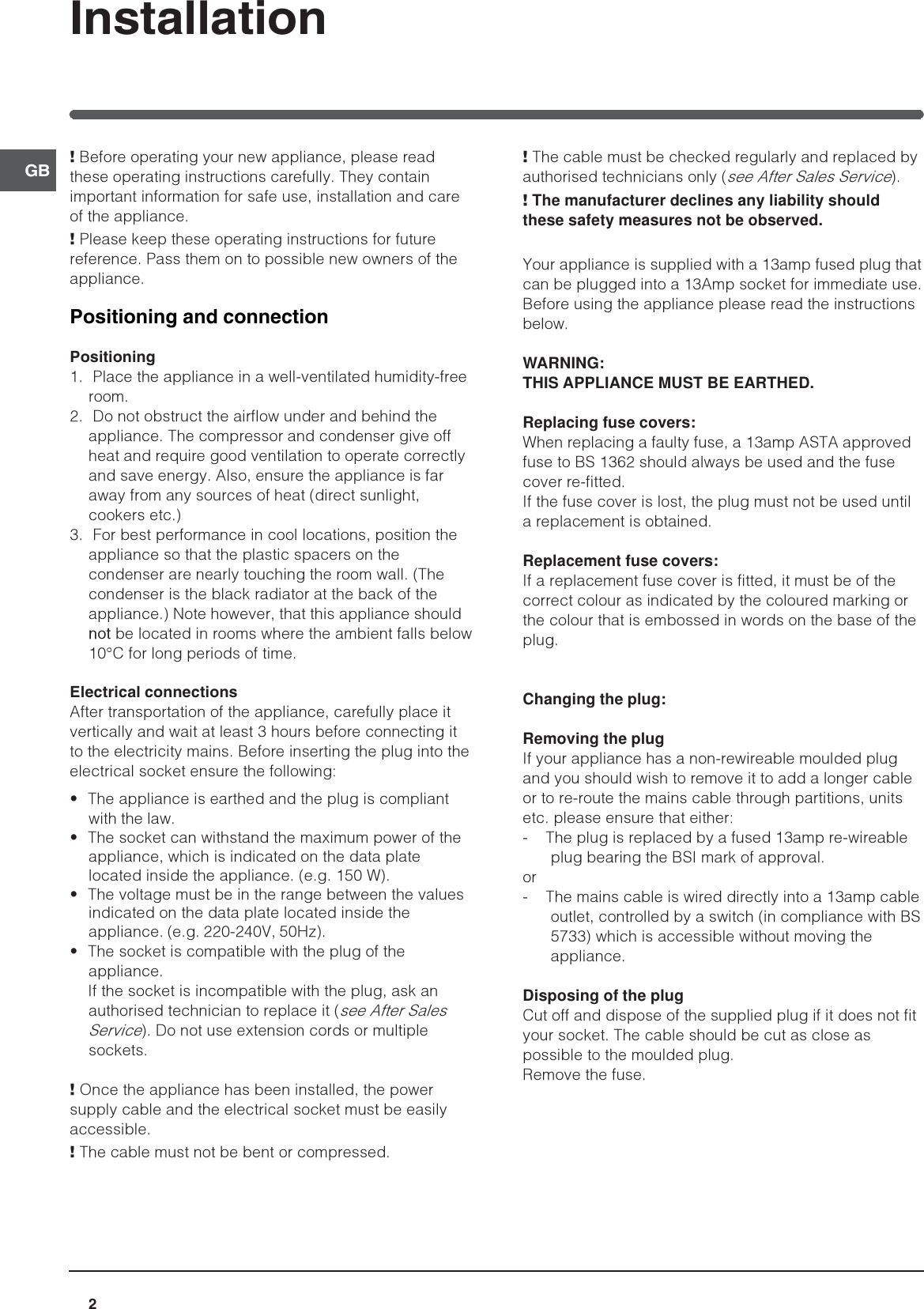 Page 2 of 12 - Hotpoint Hotpoint-Refrigerator-Ffp187Mg-Users-Manual- 44802gb  Hotpoint-refrigerator-ffp187mg-users-manual