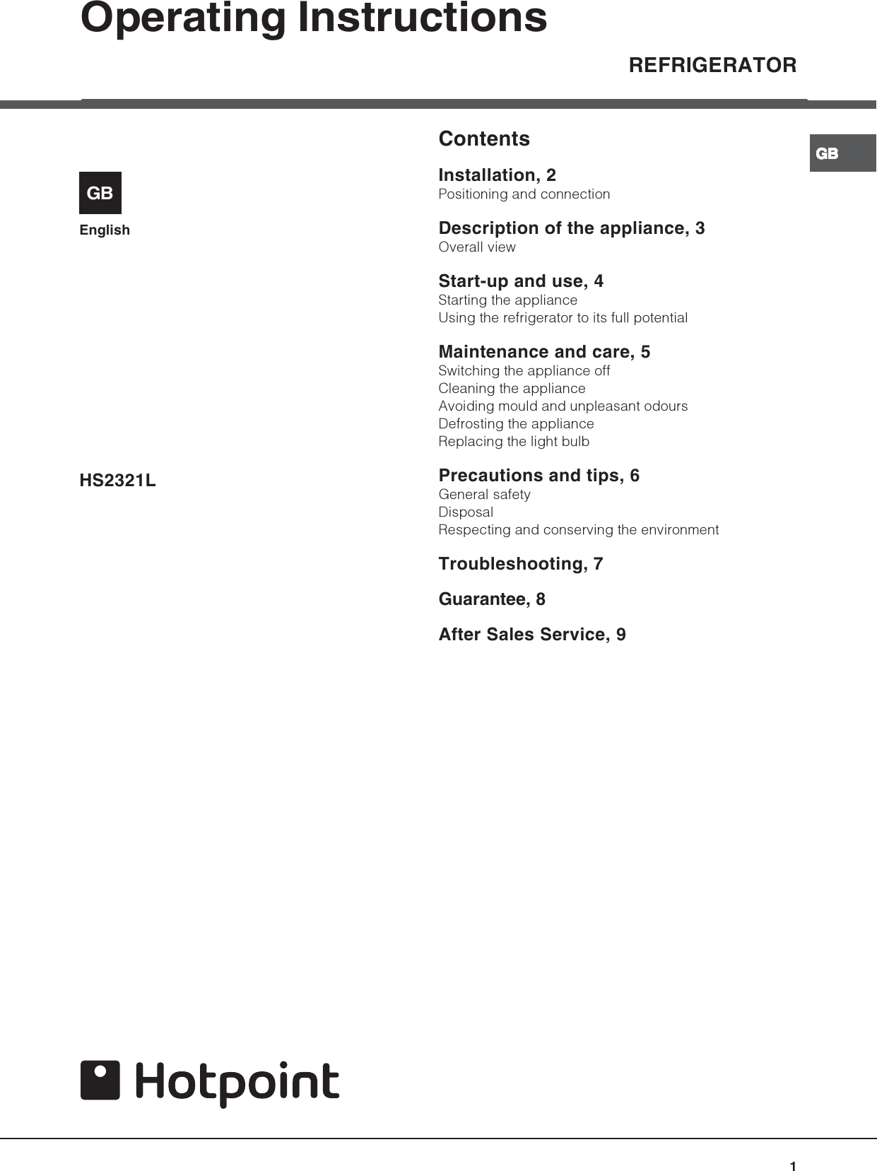 Page 1 of 12 - Hotpoint Hotpoint-Refrigerator-Hs2321L-Users-Manual- 44802gb  Hotpoint-refrigerator-hs2321l-users-manual