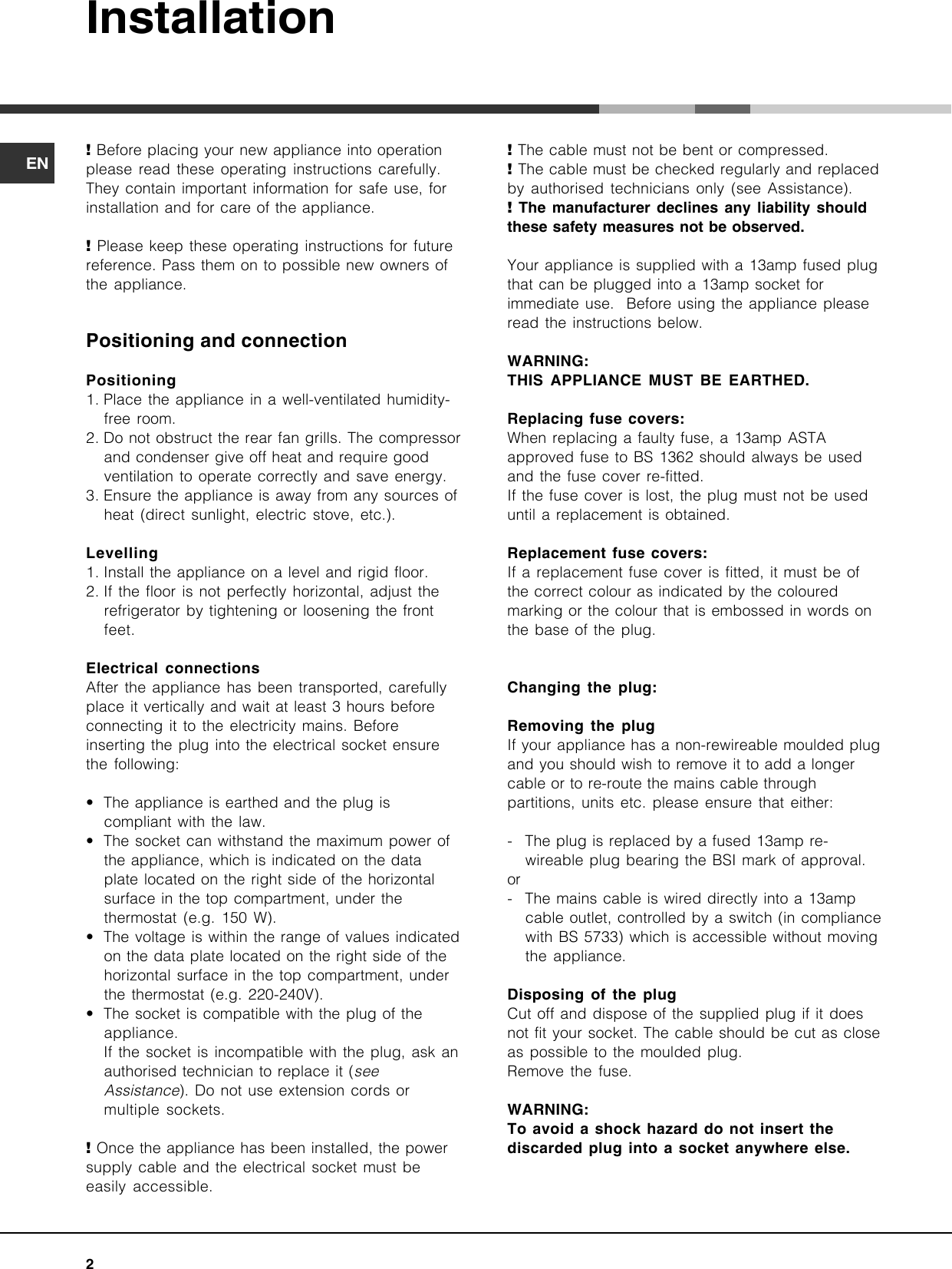 Page 2 of 12 - Hotpoint Hotpoint-Refrigerator-Ncd-191-I-Users-Manual- 19505332202 Cassettone Frigo - NCD 191 I F054347_EN.pmd  Hotpoint-refrigerator-ncd-191-i-users-manual