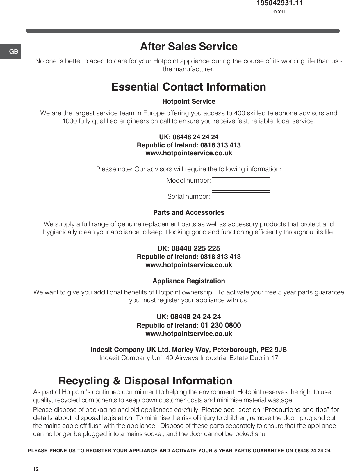 Page 12 of 12 - Hotpoint Hotpoint-Rfa52-Users-Manual- 44802gb  Hotpoint-rfa52-users-manual
