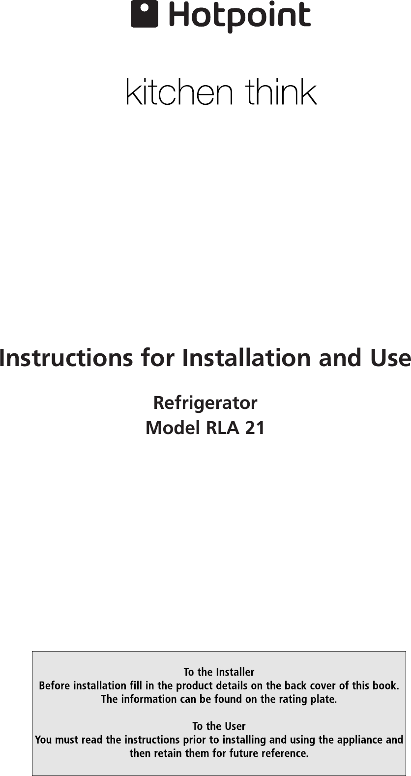 Page 1 of 12 - Hotpoint Hotpoint-Rla-21-Users-Manual- 03903101  Hotpoint-rla-21-users-manual