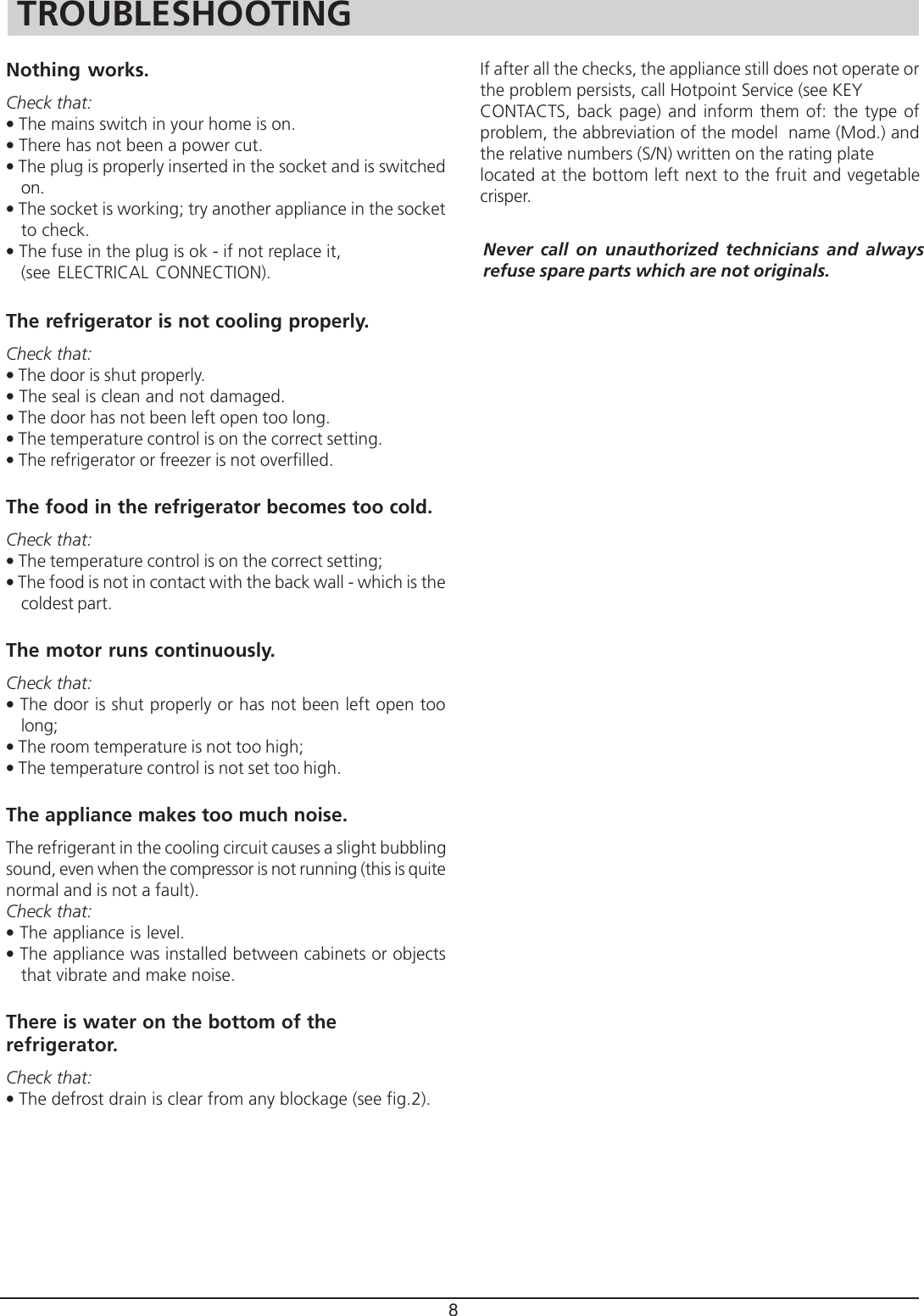 Page 8 of 12 - Hotpoint Hotpoint-Rla-21-Users-Manual- 03903101  Hotpoint-rla-21-users-manual