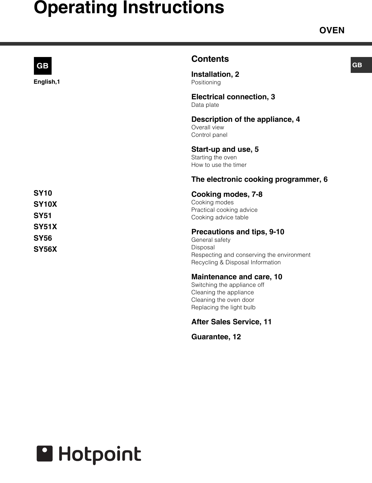 Hotpoint Sy10 Users Manual 19503639404 Gb