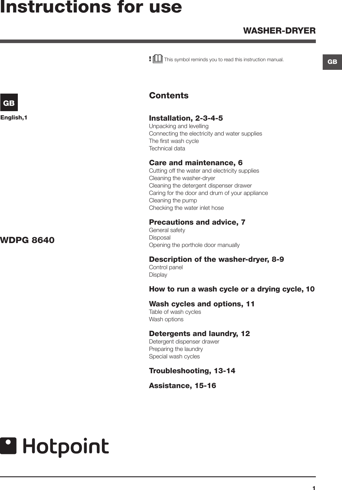 Hotpoint Washer Dryer Wdpg 8640 Users Manual