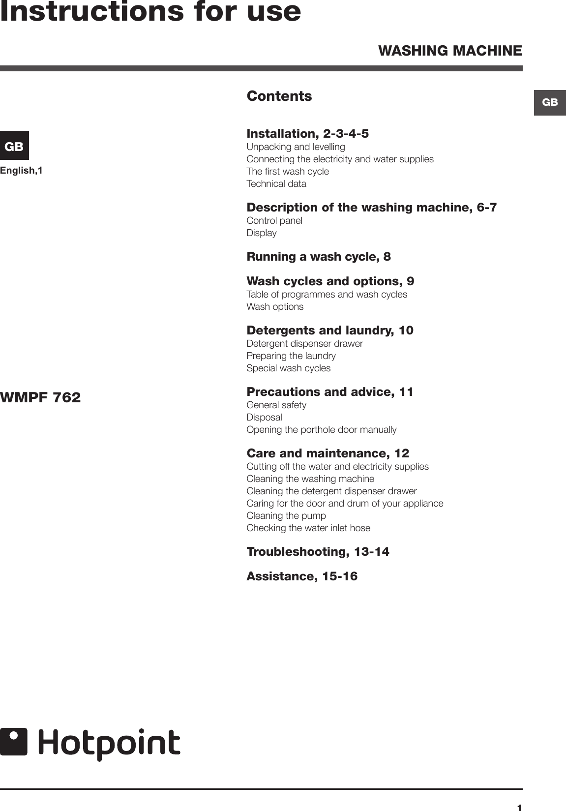 Hotpoint Washer Dryer Wmpf 762 Users Manual