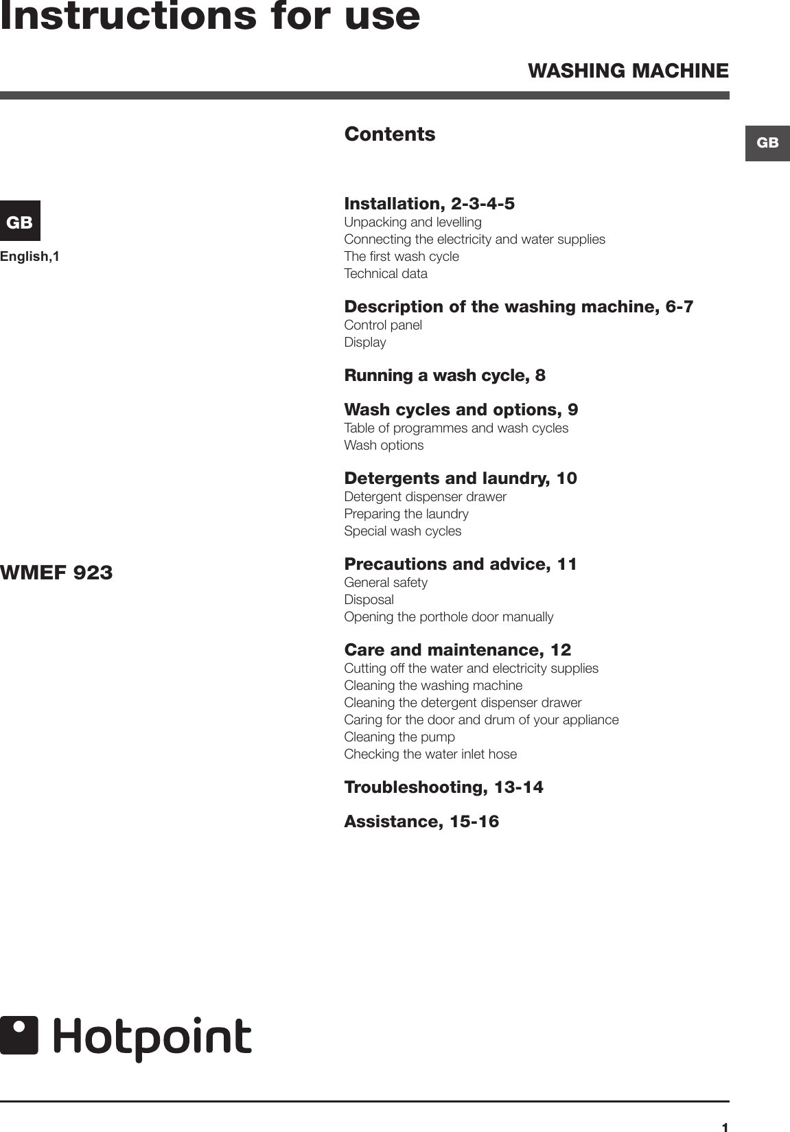 Hotpoint Washer Wmef 923 Users Manual
