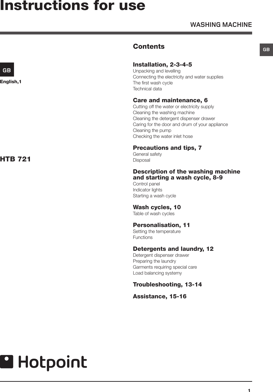 Hotpoint Washing Machine Htb 721 Users Manual