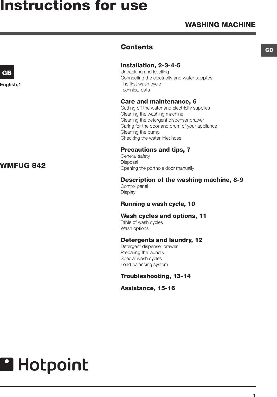 Hotpoint Washing Machine Wmfug 842 Users Manual