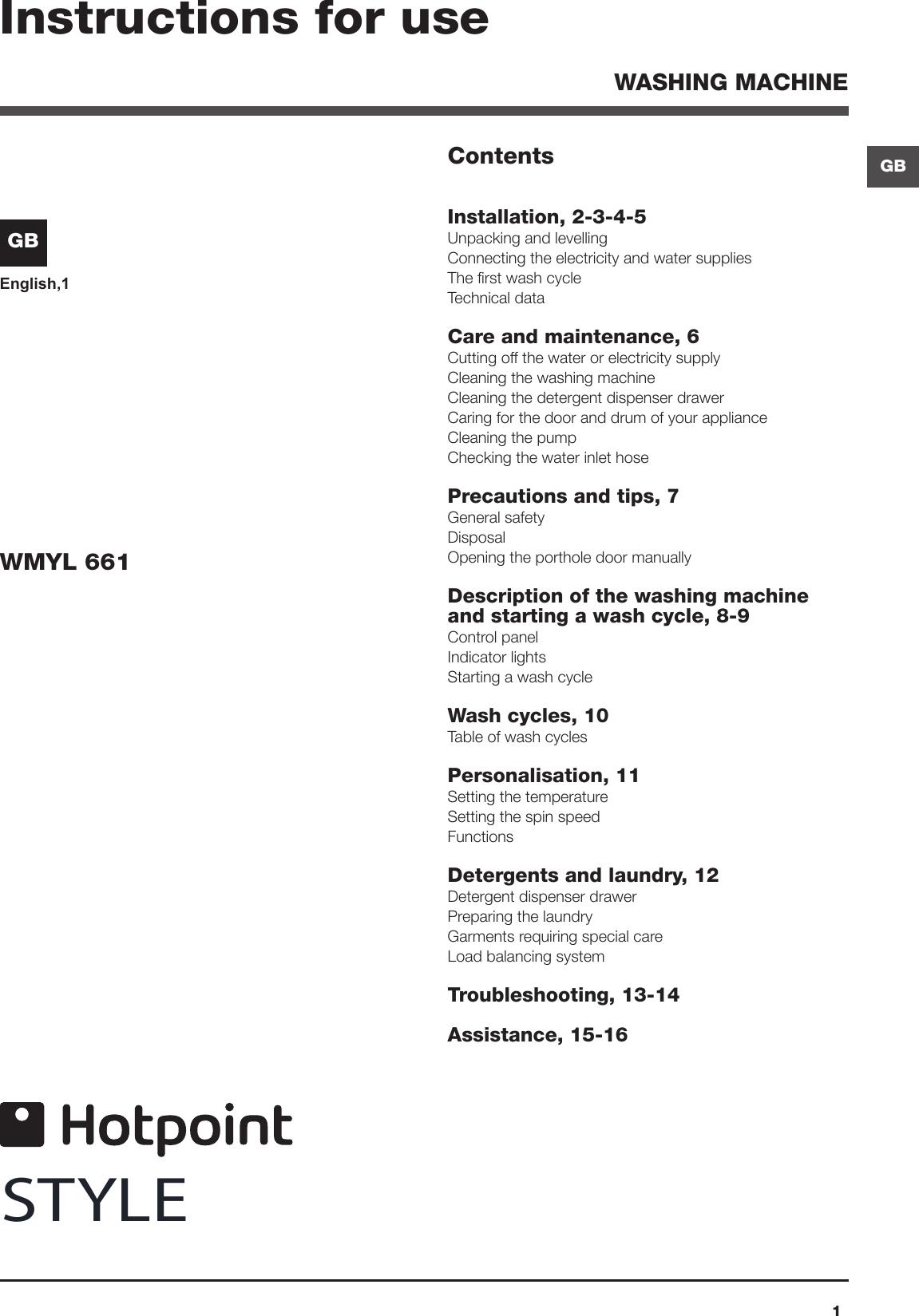 Hotpoint Washing Machine Wmyl 661 Users Manual