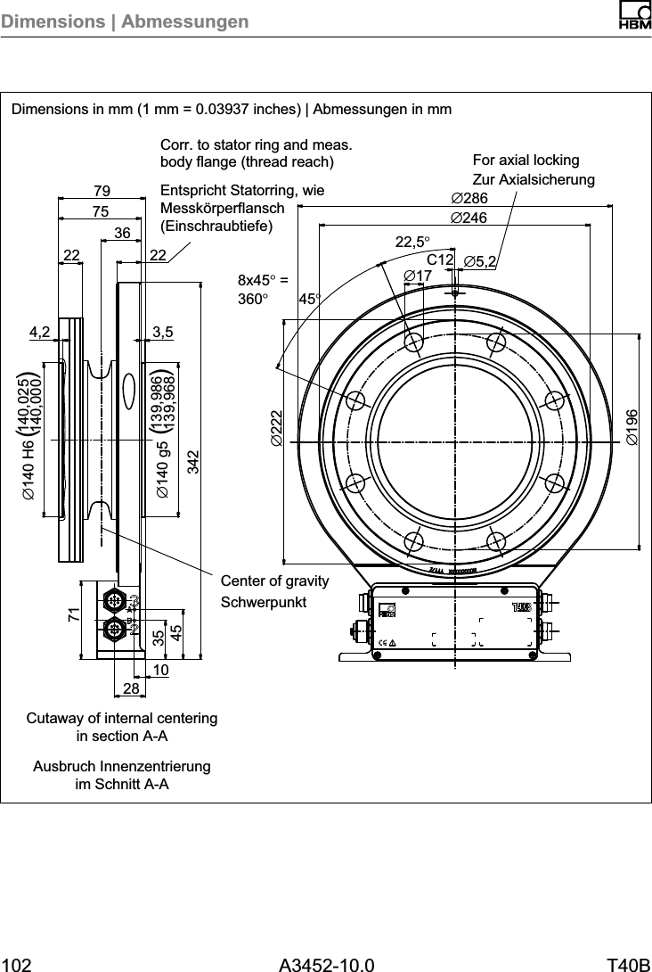 Dimensions | Abmessungen102 A3452-10.0 T40BC12&empty;1963671283545103423,5139,986139,968&empty;140 g54,2140,025140,000&empty;140 H622752279&empty;22222,5&deg;8x45&deg; =360&deg;45&deg;&empty;17 &empty;5,2&empty;286&empty;246()()Dimensions in mm (1 mm = 0.03937 inches) | Abmessungen in mmSchwerpunktZur AxialsicherungEntspricht Statorring, wieMessk&ouml;rperflansch(Einschraubtiefe)Ausbruch Innenzentrierungim Schnitt A-ACorr. to stator ring and meas.body flange (thread reach) For axial lockingCenter of gravityCutaway of internal centeringin section A-A