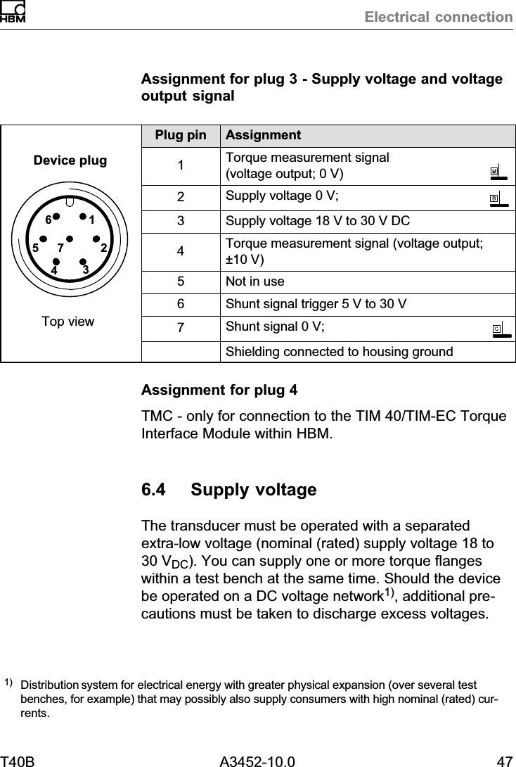 Electrical connectionT40B A3452-10.0 47Assignment for plug 3 - Supply voltage and voltageoutput signal6157243Device plugTop viewPlug pin Assignment1Torque measurement signal(voltage output; 0 V)2Supply voltage 0 V;3Supply voltage 18 V to 30 V DC4Torque measurement signal (voltage output;&plusmn;10 V)5Not in use6Shunt signal trigger 5 V to 30 V7Shunt signal 0 V;Shielding connected to housing groundAssignment for plug 4TMC - only for connection to the TIM 40/TIM-EC TorqueInterface Module within HBM.6.4 Supply voltageThe transducer must be operated with a separatedextra‐low voltage (nominal (rated) supply voltage 18 to30 VDC). You can supply one or more torque flangeswithin a test bench at the same time. Should the devicebe operated on a DC voltage network1), additional precautions must be taken to discharge excess voltages.1) Distribution system for electrical energy with greater physical expansion (over several testbenches, for example) that may possibly also supply consumers with high nominal (rated) currents.