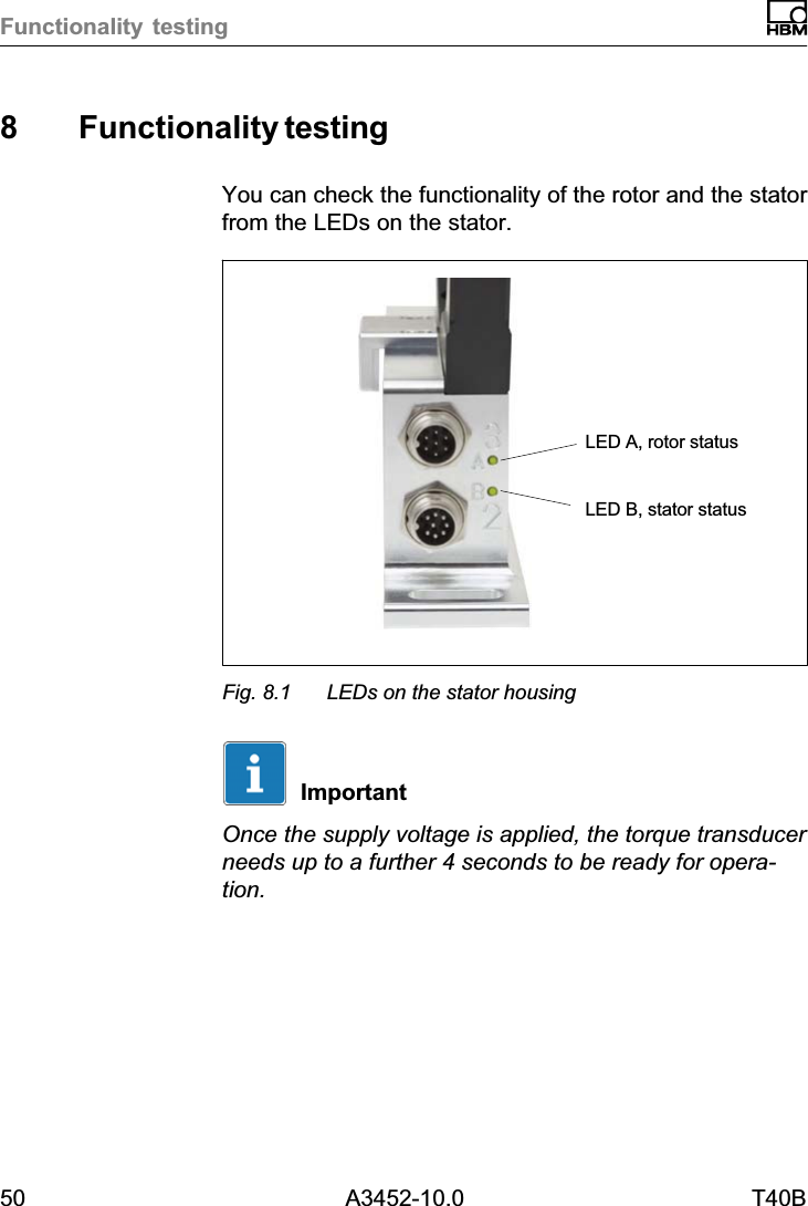 Functionality testing50 A3452-10.0 T40B8 Functionality testingYou can check the functionality of the rotor and the statorfrom the LEDs on the stator.LED A, rotor statusLED B, stator statusFig. 8.1 LEDs on the stator housingImportantOnce the supply voltage is applied, the torque transducerneeds up to a further 4 seconds to be ready for operation.