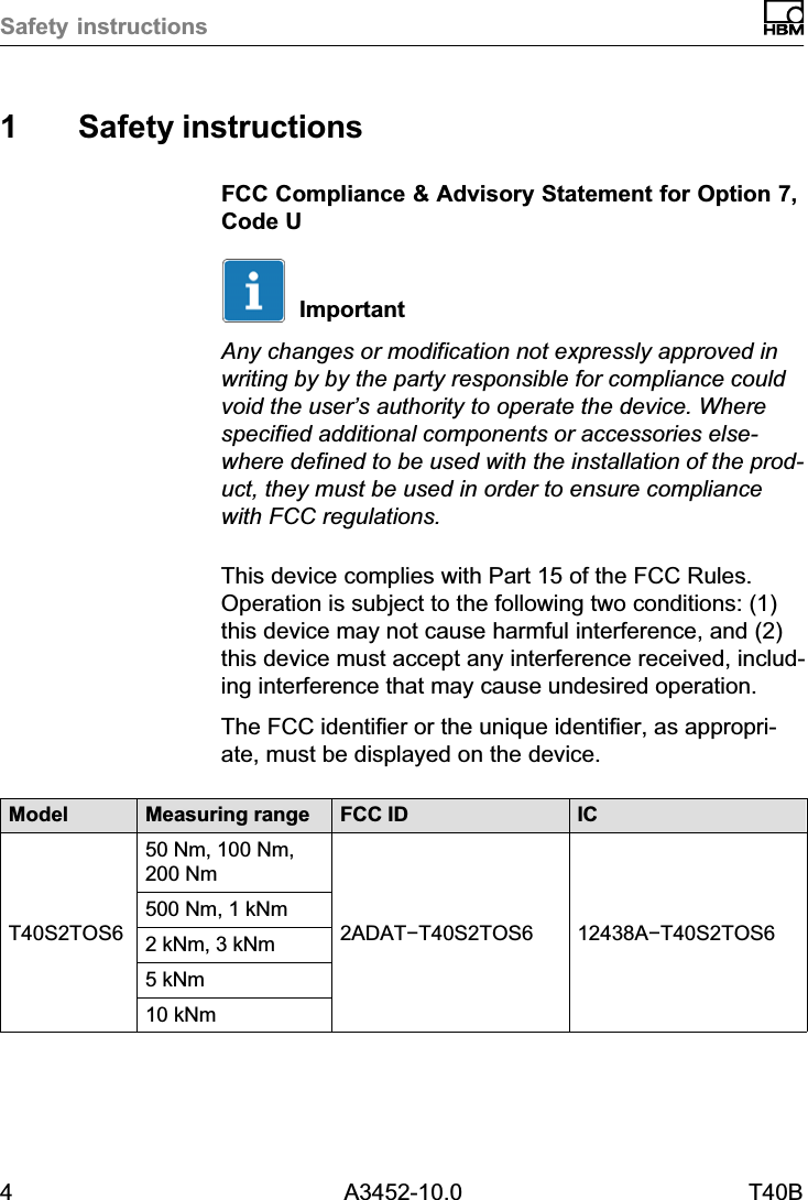 Safety instructions4 A3452-10.0 T40B1 Safety instructionsFCC Compliance &amp; Advisory Statement for Option 7,Code UImportantAny changes or modification not expressly approved inwriting by by the party responsible for compliance couldvoid the user&rsquo;s authority to operate the device. Wherespecified additional components or accessories elsewhere defined to be used with the installation of the product, they must be used in order to ensure compliancewith FCC regulations.This device complies with Part 15 of the FCC Rules.Operation is subject to the following two conditions: (1)this device may not cause harmful interference, and (2)this device must accept any interference received, including interference that may cause undesired operation.The FCC identifier or the unique identifier, as appropriate, must be displayed on the device.Model Measuring range FCC ID ICT40S2TOS650 Nm, 100 Nm,200 Nm2ADAT&minus;T40S2TOS6 12438A&minus;T40S2TOS6500 Nm, 1 kNm2 kNm, 3 kNm5 kNm10 kNm
