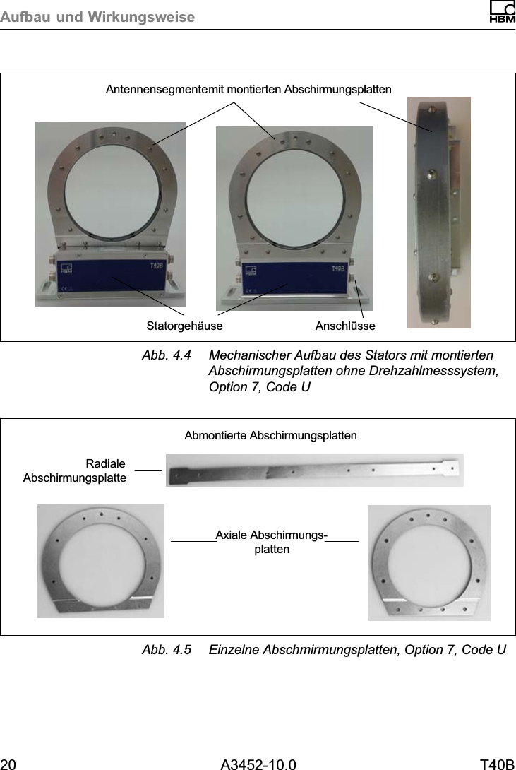 Aufbau und Wirkungsweise20 A3452-10.0 T40BStatorgeh&auml;useAntennensegmente mit montierten AbschirmungsplattenAnschl&uuml;sseAbb. 4.4 Mechanischer Aufbau des Stators mit montiertenAbschirmungsplatten ohne Drehzahlmesssystem,Option 7, Code UAbmontierte AbschirmungsplattenAxiale AbschirmungsplattenRadialeAbschirmungsplatteAbb. 4.5 Einzelne Abschmirmungsplatten, Option 7, Code U