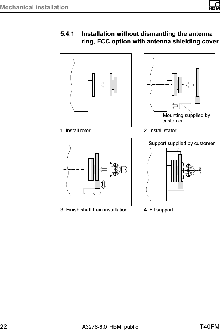 Mechanical installation22 A3276-8.0 HBM: public T40FM5.4.1 Installation without dismantling the antennaring, FCC option with antenna shielding cover1. Install rotor 2. Install stator3. Finish shaft train installationMounting supplied by  customerSupport supplied by customer4. Fit support