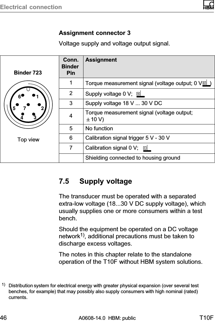 Electrical connection46 A0608-14.0  HBM: public T10FAssignment connector 3Voltage supply and voltage output signal.6157243Binder 723Top viewConn.Binder PinAssignment1Torque measurement signal (voltage output; 0 V     )2Supply voltage 0 V;3Supply voltage 18 V ... 30 V DC4Torque measurement signal (voltage output;&quot;10 V)5No function6Calibration signal trigger 5 V - 30 V7Calibration signal 0 V;Shielding connected to housing ground7.5 Supply voltageThe transducer must be operated with a separatedextra‐low voltage (18...30 V DC supply voltage), whichusually supplies one or more consumers within a testbench.Should the equipment be operated on a DC voltagenetwork1), additional precautions must be taken todischarge excess voltages.The notes in this chapter relate to the standaloneoperation of the T10F without HBM system solutions.1) Distribution system for electrical energy with greater physical expansion (over several testbenches, for example) that may possibly also supply consumers with high nominal (rated)currents.