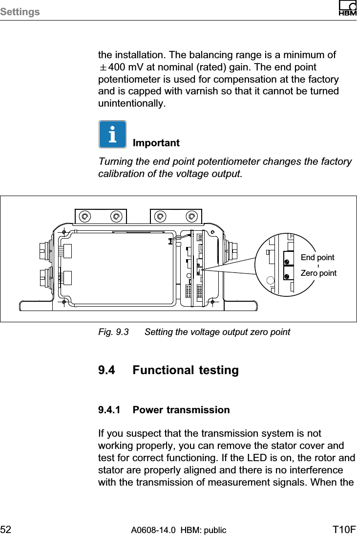 Settings52 A0608-14.0  HBM: public T10Fthe installation. The balancing range is a minimum of&quot;400 mV at nominal (rated) gain. The end pointpotentiometer is used for compensation at the factoryand is capped with varnish so that it cannot be turnedunintentionally.ImportantTurning the end point potentiometer changes the factorycalibration of the voltage output.Zero pointEnd pointFig. 9.3 Setting the voltage output zero point9.4 Functional testing9.4.1 Power transmissionIf you suspect that the transmission system is notworking properly, you can remove the stator cover andtest for correct functioning. If the LED is on, the rotor andstator are properly aligned and there is no interferencewith the transmission of measurement signals. When the