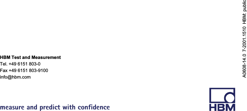 www.hbm.comHBM Test and MeasurementTel. +49 6151 803-0Fax +49 6151 803-9100info@hbm.commeasure and predict with confidenceA0608-14.0  7-2001.1510  HBM: public