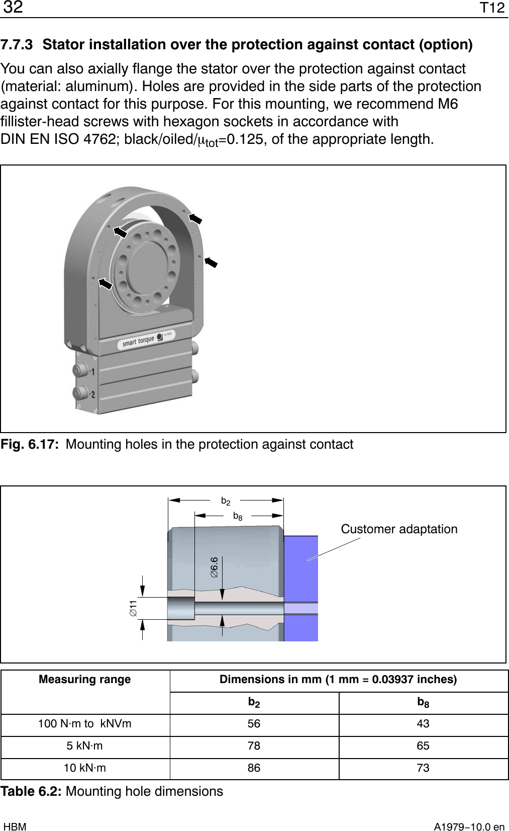 T1232A1979−10.0 enHBM7.7.3  Stator installation over the protection against contact (option)You can also axially flange the stator over the protection against contact(material: aluminum). Holes are provided in the side parts of the protectionagainst contact for this purpose. For this mounting, we recommend M6fillister-head screws with hexagon sockets in accordance withDIN EN ISO 4762; black/oiled/mtot=0.125, of the appropriate length.Fig. 6.17: Mounting holes in the protection against contactCustomer adaptation116.6b2b8Measuring range Dimensions in mm (1 mm = 0.03937 inches)b2b8100 Nm to  kNVm 56 435kNm 78 6510 kNm 86 73Table 6.2: Mounting hole dimensions