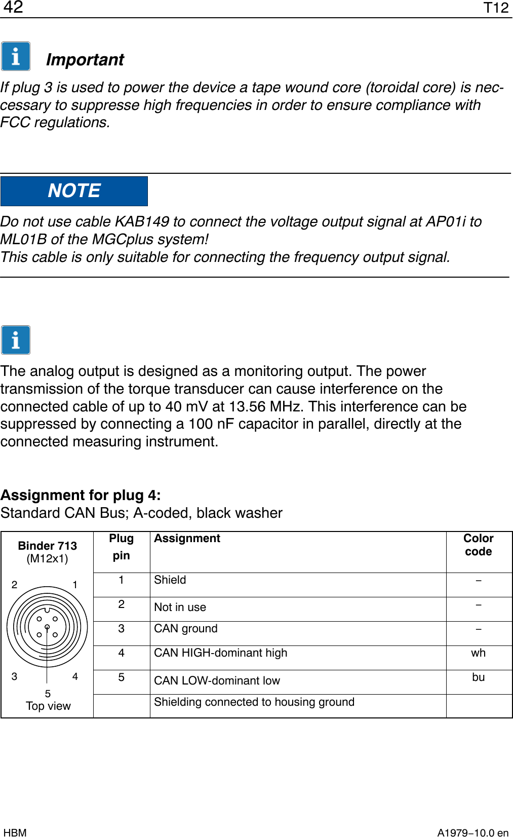 T1242A1979−10.0 enHBMImportantIf plug 3 is used to power the device a tape wound core (toroidal core) is nec-cessary to suppresse high frequencies in order to ensure compliance withFCC regulations.NOTEDo not use cable KAB149 to connect the voltage output signal at AP01i toML01B of the MGCplus system!This cable is only suitable for connecting the frequency output signal.The analog output is designed as a monitoring output. The powertransmission of the torque transducer can cause interference on theconnected cable of up to 40 mV at 13.56 MHz. This interference can besuppressed by connecting a 100 nF capacitor in parallel, directly at theconnected measuring instrument.Assignment for plug 4:Standard CAN Bus; A-coded, black washerTop view12435Binder 713(M12x1)PlugpinAssignment Colorcode1 Shield −2Not in use −3CAN ground −4CAN HIGH-dominant high wh5CAN LOW-dominant low buShielding connected to housing ground